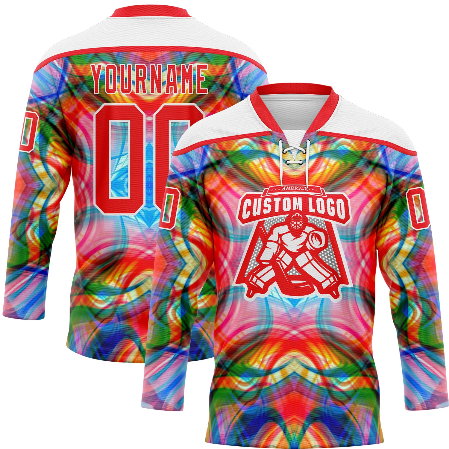 Custom White Fire Red Green Blue-Yellow 3D Pattern Trippy Psychedelic Geometric Hockey Lace Neck Jersey