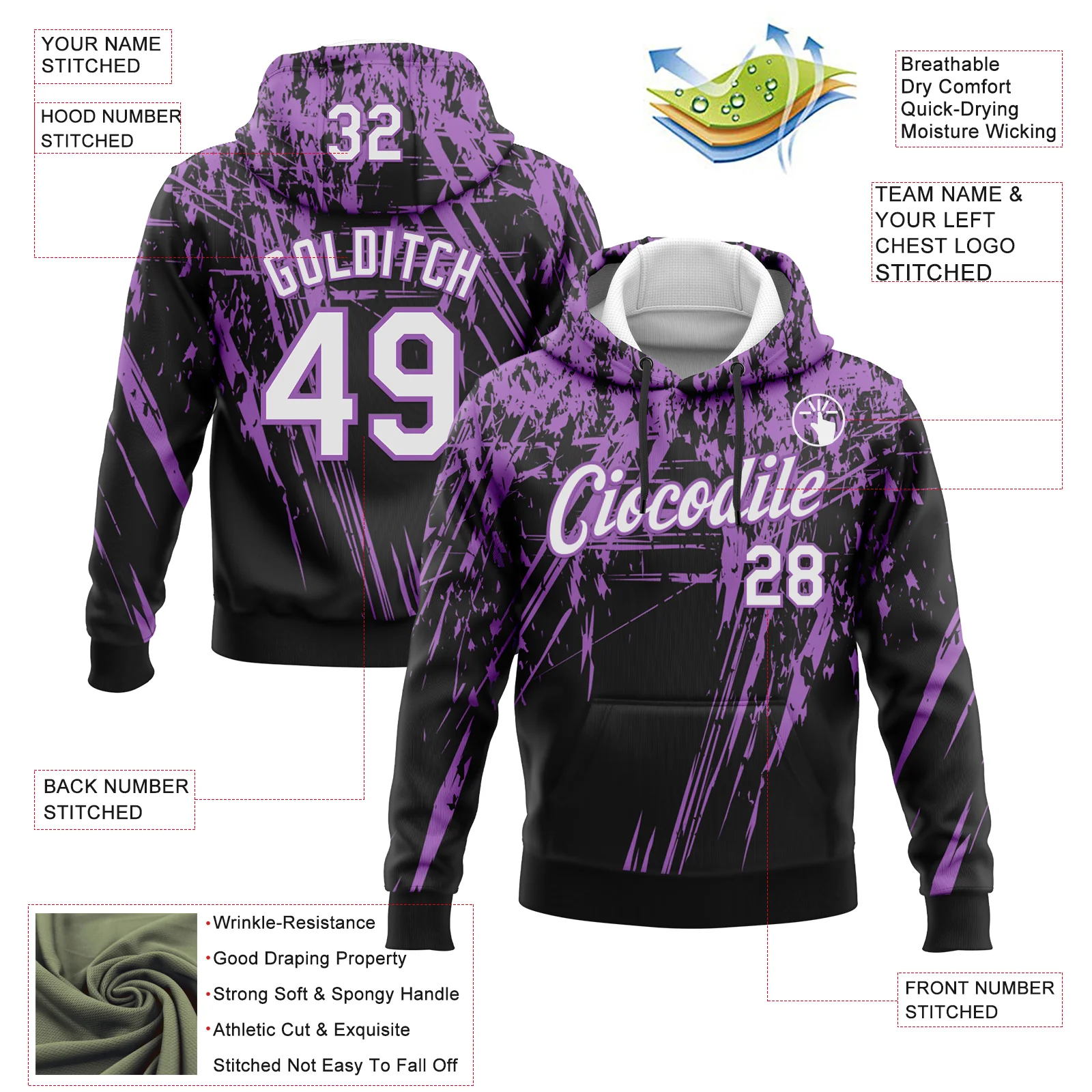 Custom Stitched Black White-Medium Purple 3D Pattern Design Splash Grunge Art Sports Pullover Sweatshirt Hoodie