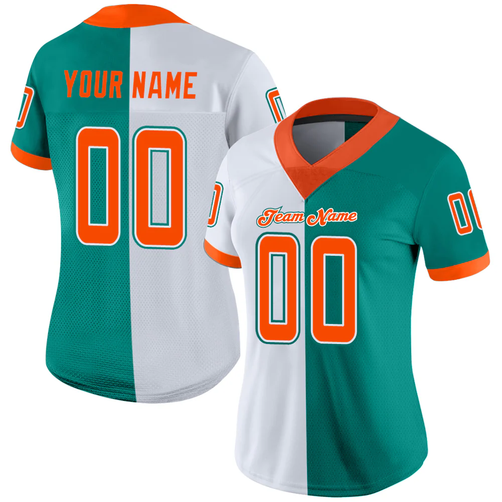 Custom Aqua Orange-White Split Fashion Football Jersey