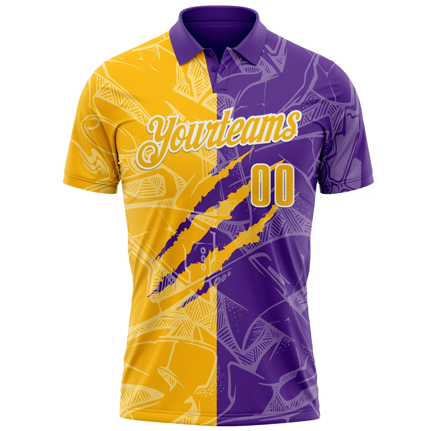 Custom Graffiti Pattern Gold Purple-White 3D Scratch Performance Polo Shirt