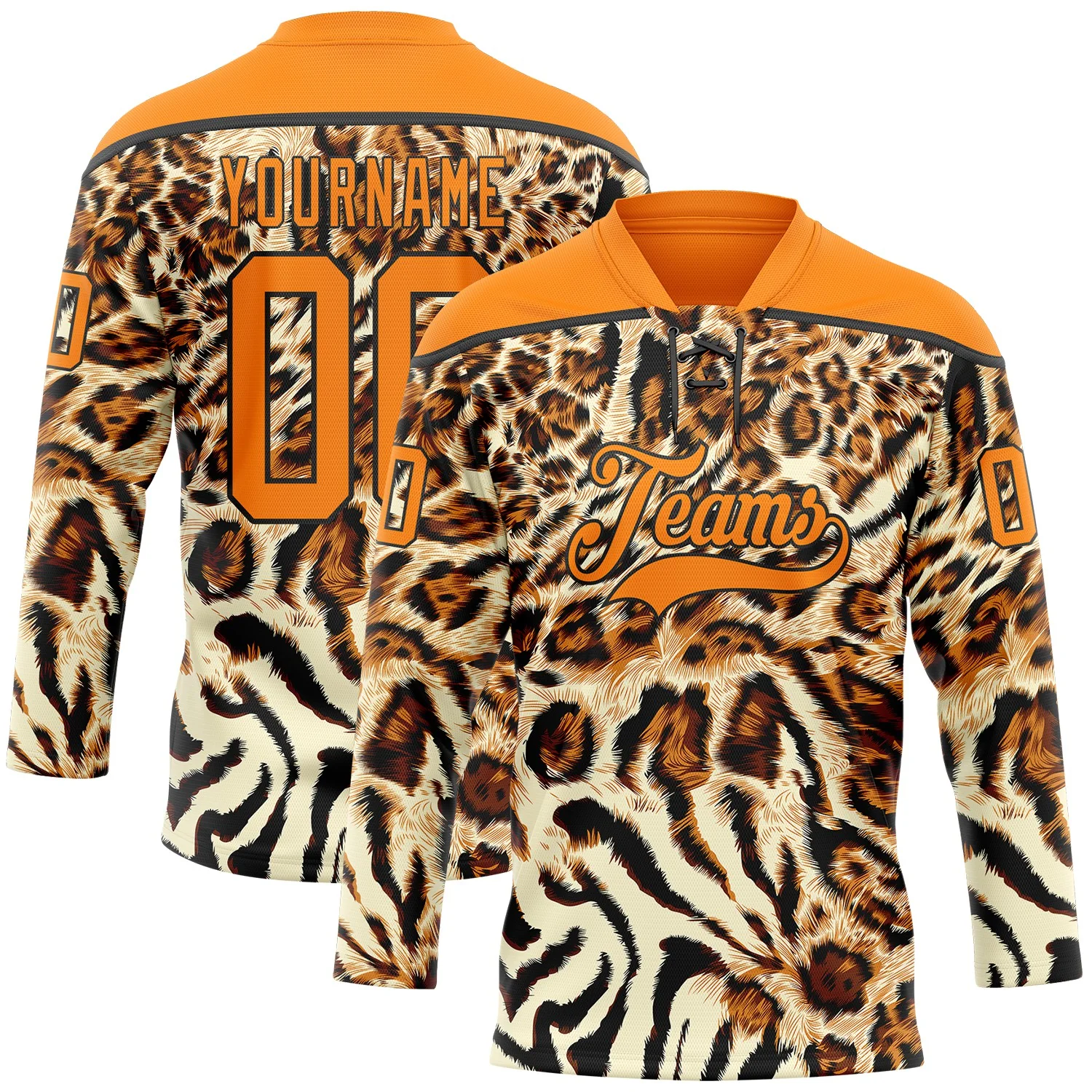Custom Cream Bay Orange-Black 3D Pattern Leopard Print Neon Hockey Lace Neck Jersey