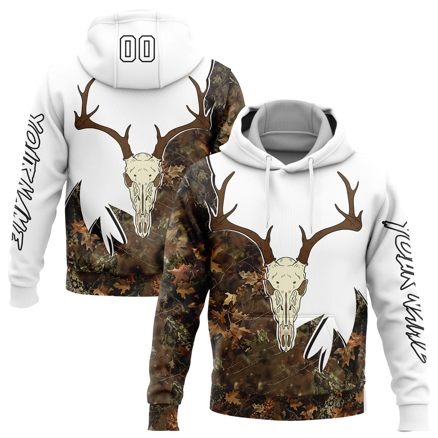 Custom White Black-Camo 3D Deer Skull Hunting Sports Pullover Sweatshirt Hoodie