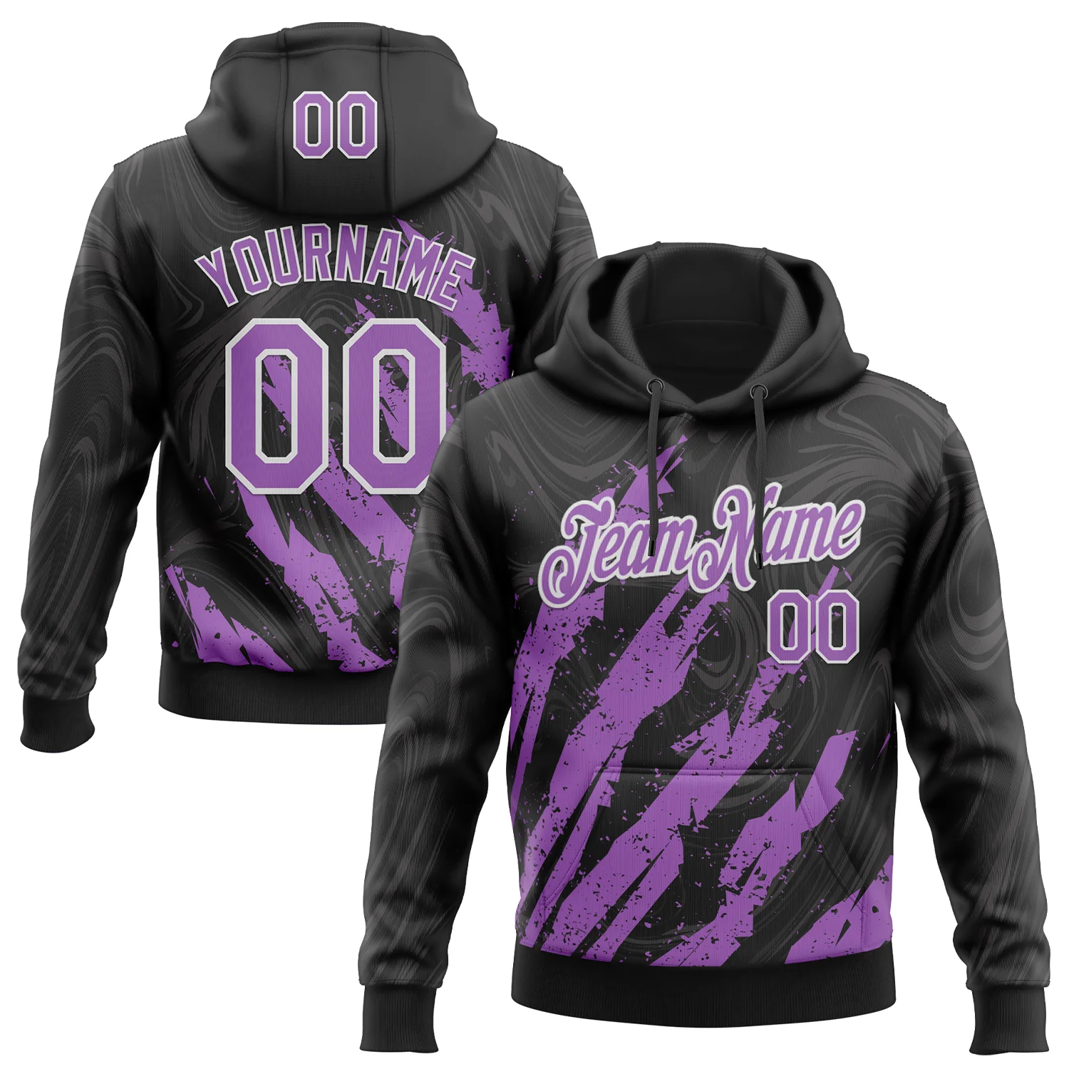 Custom Stitched Black Medium Purple-White 3D Pattern Design Splash Sports Pullover Sweatshirt Hoodie