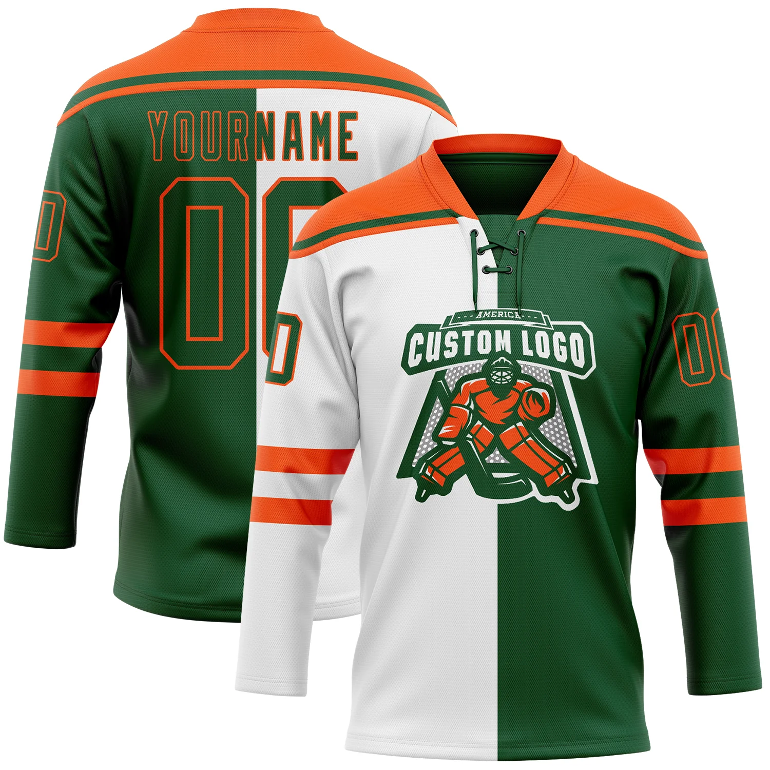 Custom Green Orange-White Split Fashion Hockey Lace Neck Jersey