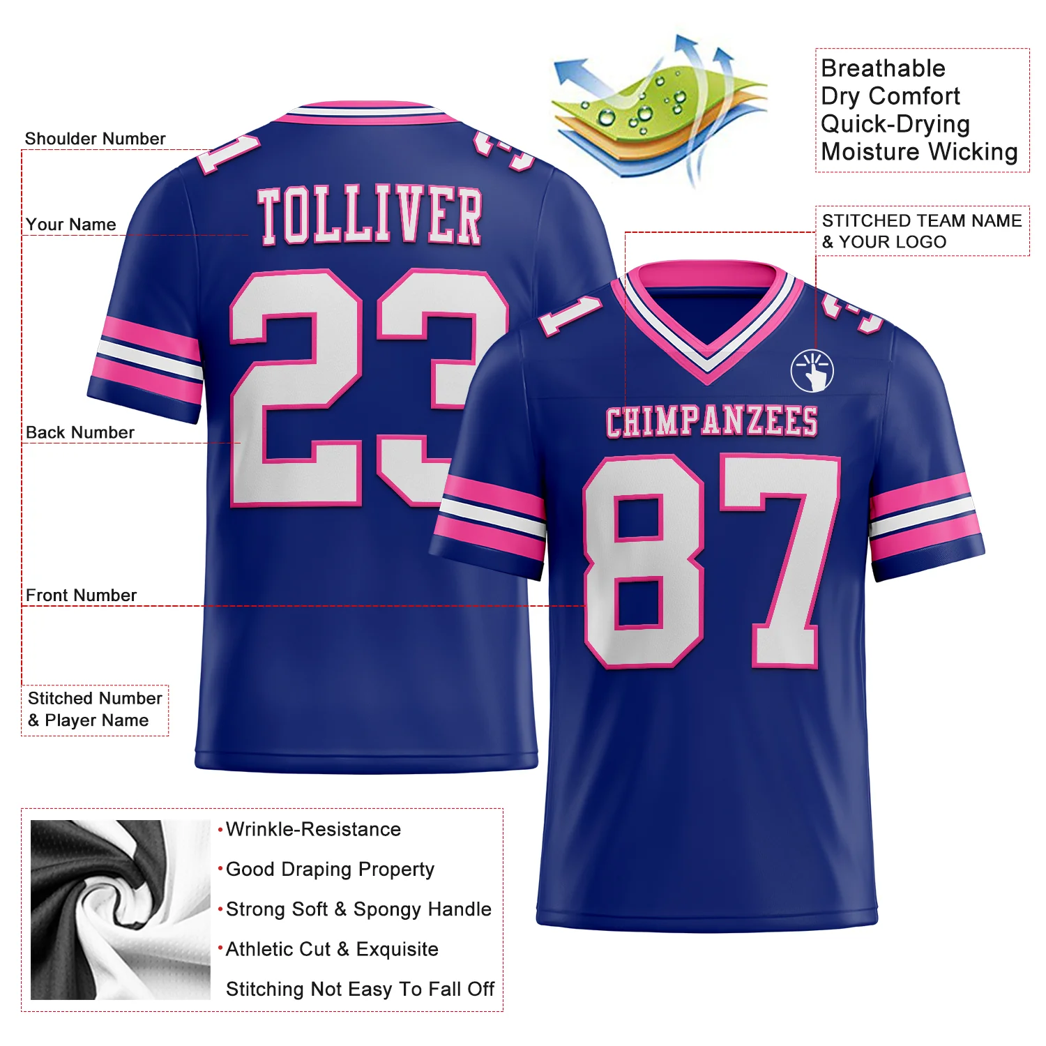 Custom Royal White-Pink Authentic Football Jersey