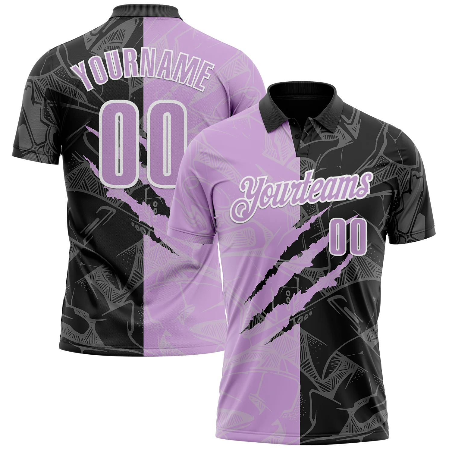 Custom Graffiti Pattern Light Purple Black-White 3D Scratch Performance Polo Shirt