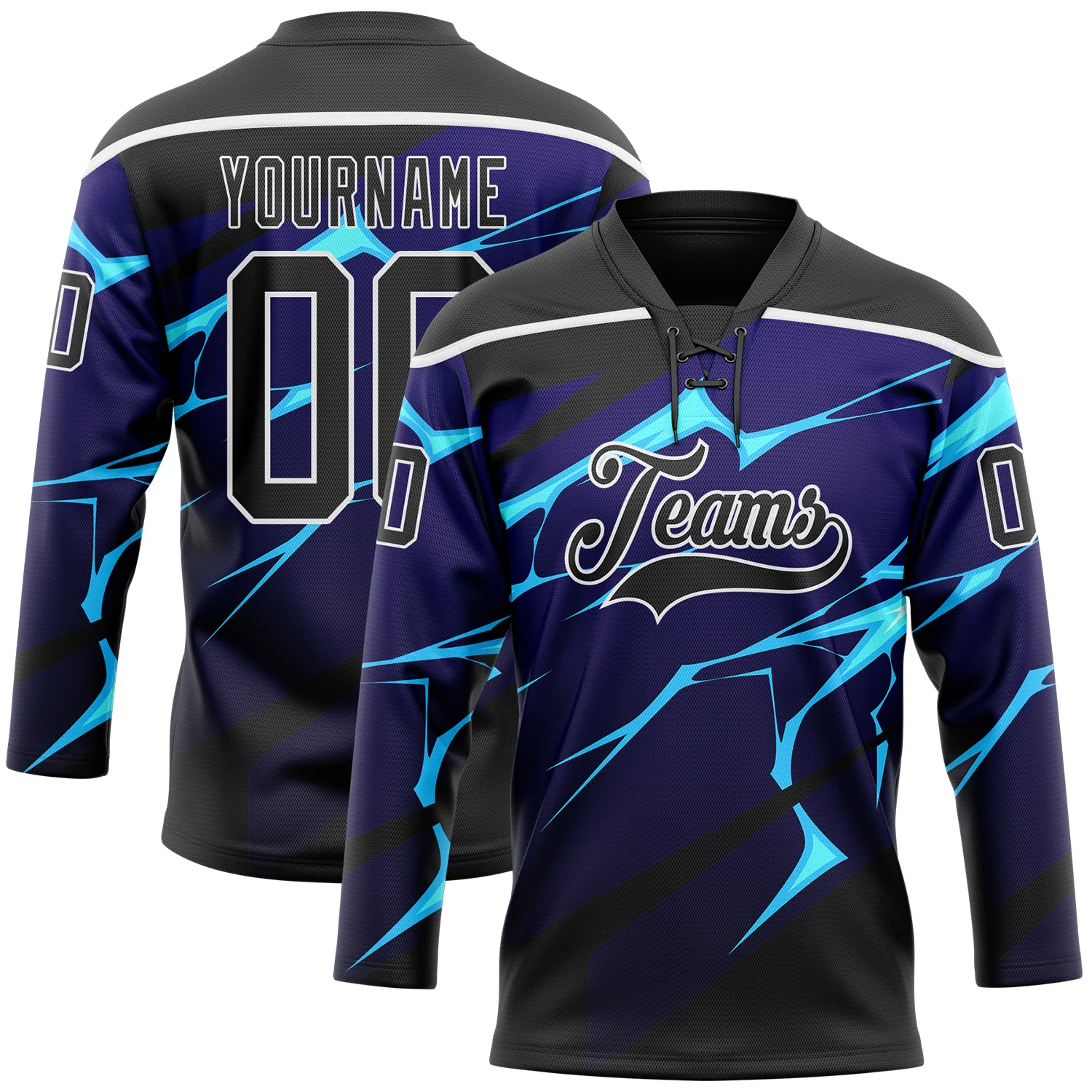 Custom Black Blue-White 3D Pattern Lightning Hockey Lace Neck Jersey
