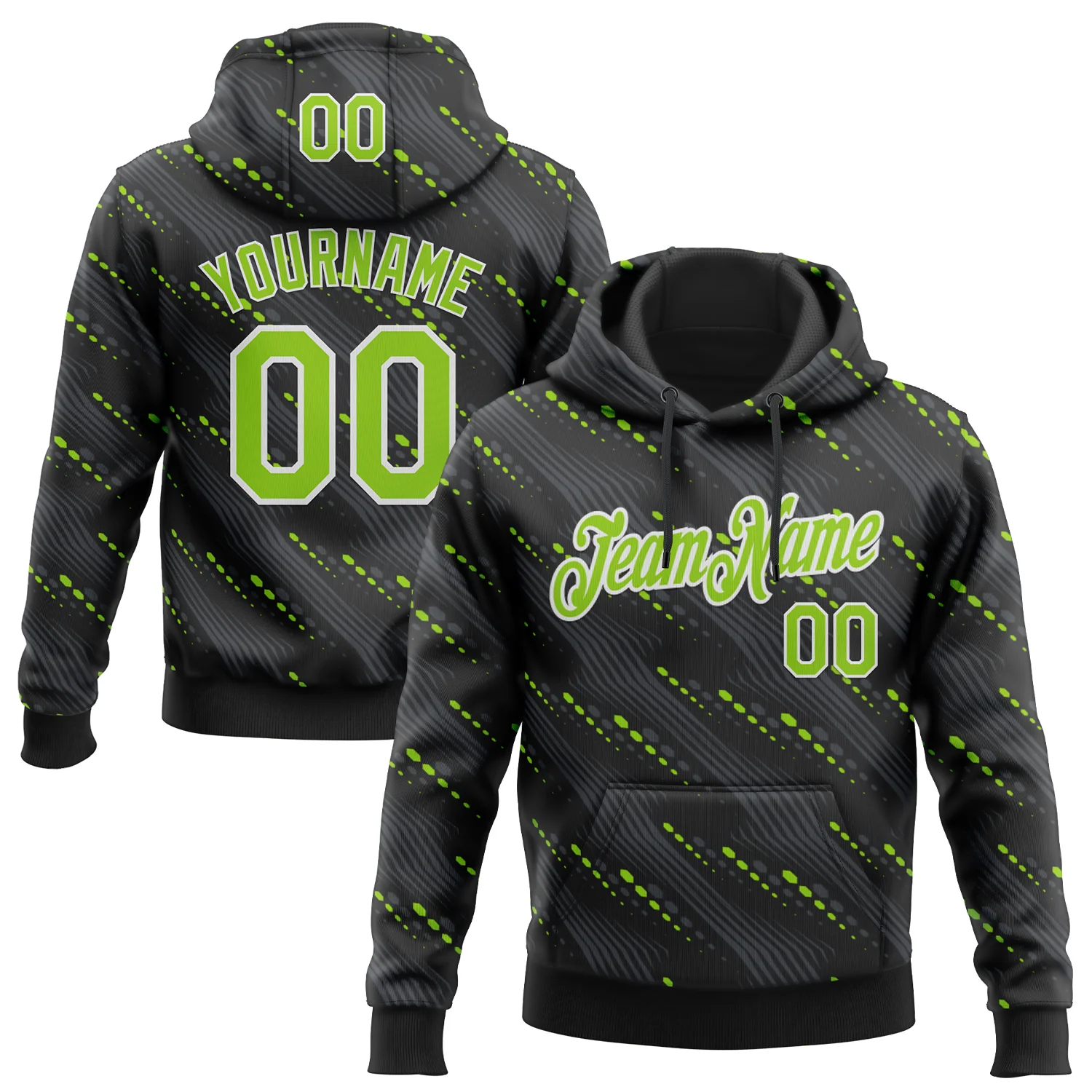Custom Stitched Black Neon Green-White 3D Pattern Design Slant Lines Sports Pullover Sweatshirt Hoodie