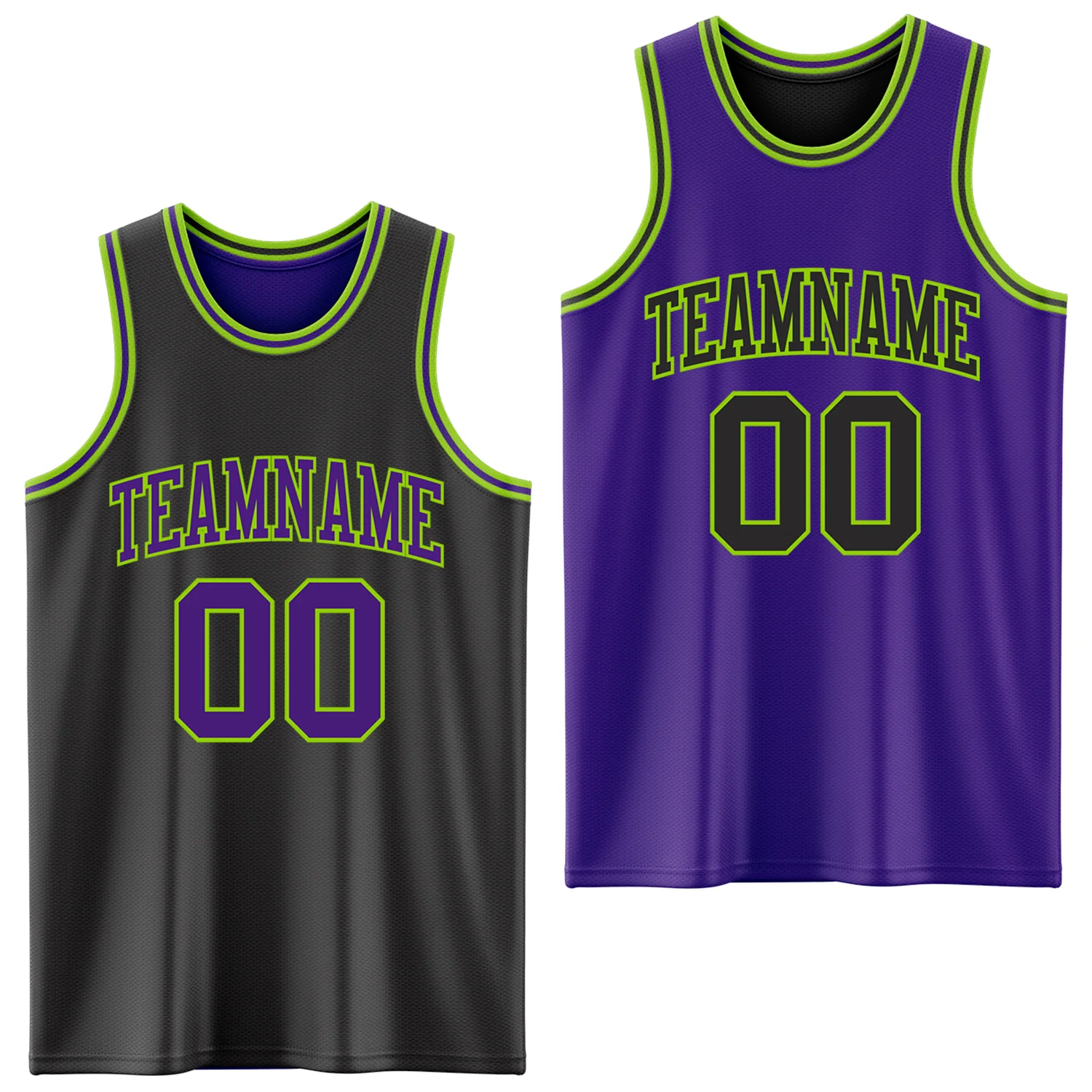 Custom Reversible Black Purple-Neon Green Double Side Sublimation Basketball Suit Jersey