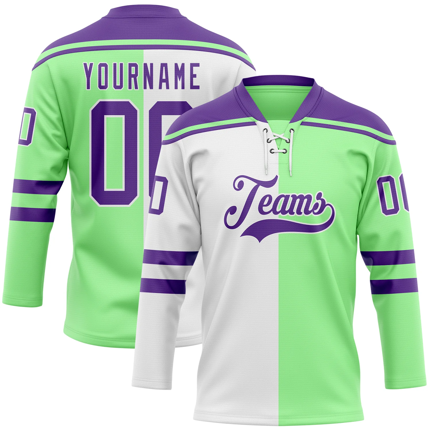 Custom Pea Green Purple-White Split Fashion Hockey Lace Neck Jersey