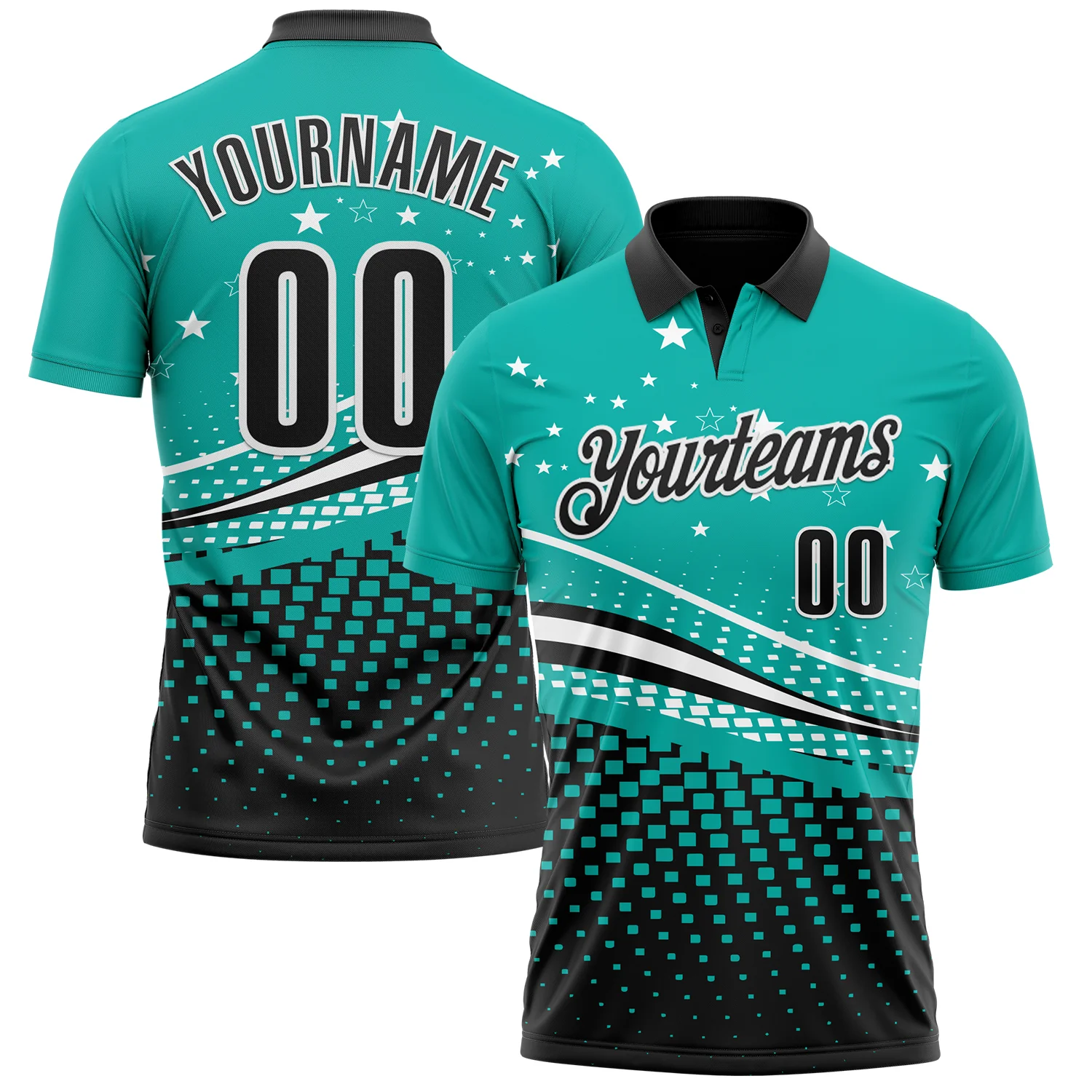Custom Aqua Black-White 3D Pattern Design Star And Geometric Shapes Performance Polo Shirt