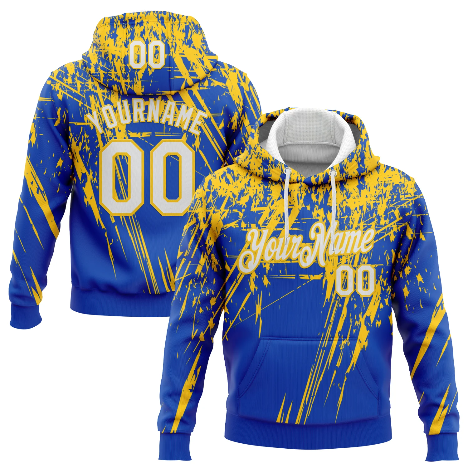 Custom Stitched Thunder Blue White-Yellow 3D Pattern Design Splash Grunge Art Sports Pullover Sweatshirt Hoodie