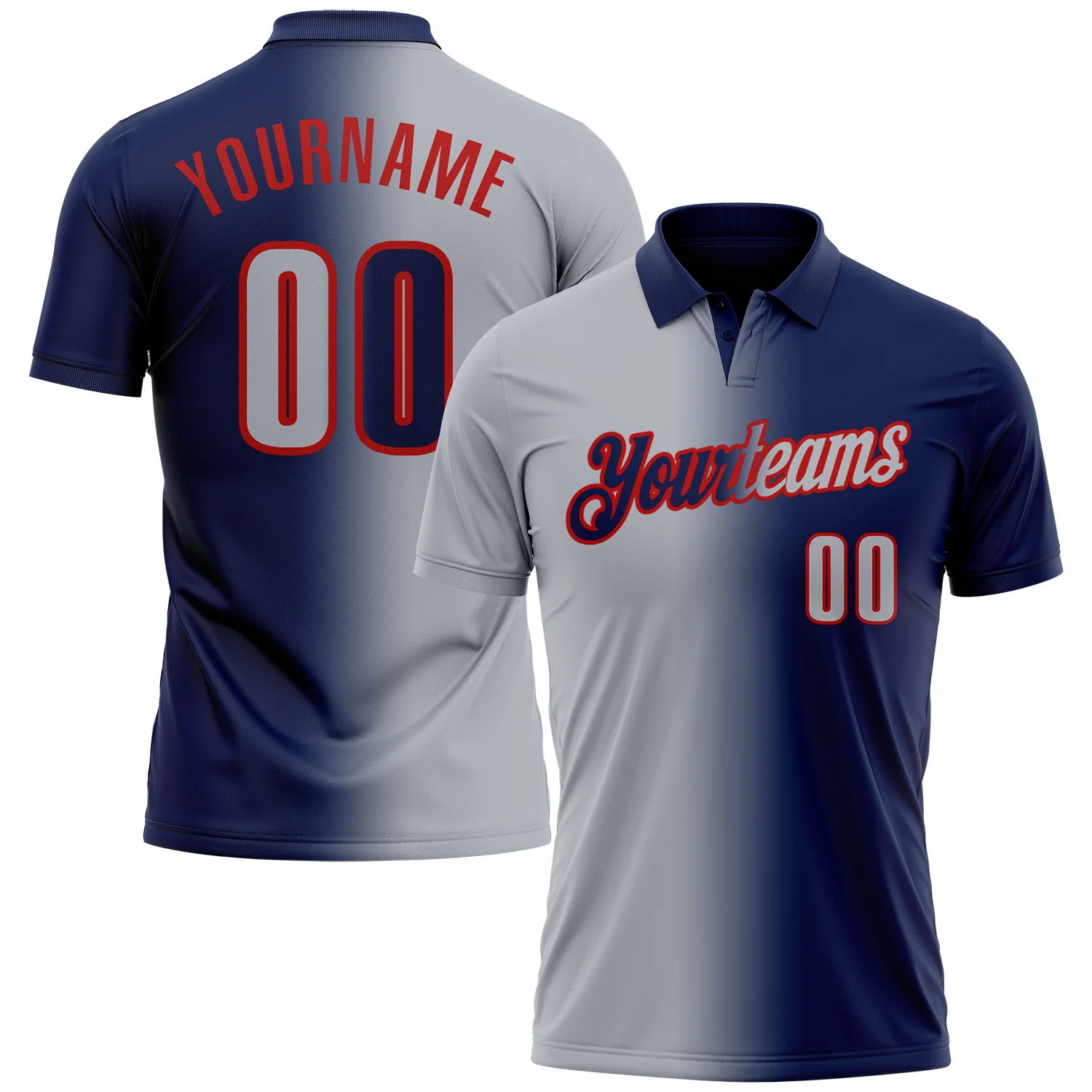 Custom Navy Gray-Red 3D Gradient Fashion Performance Polo Shirt