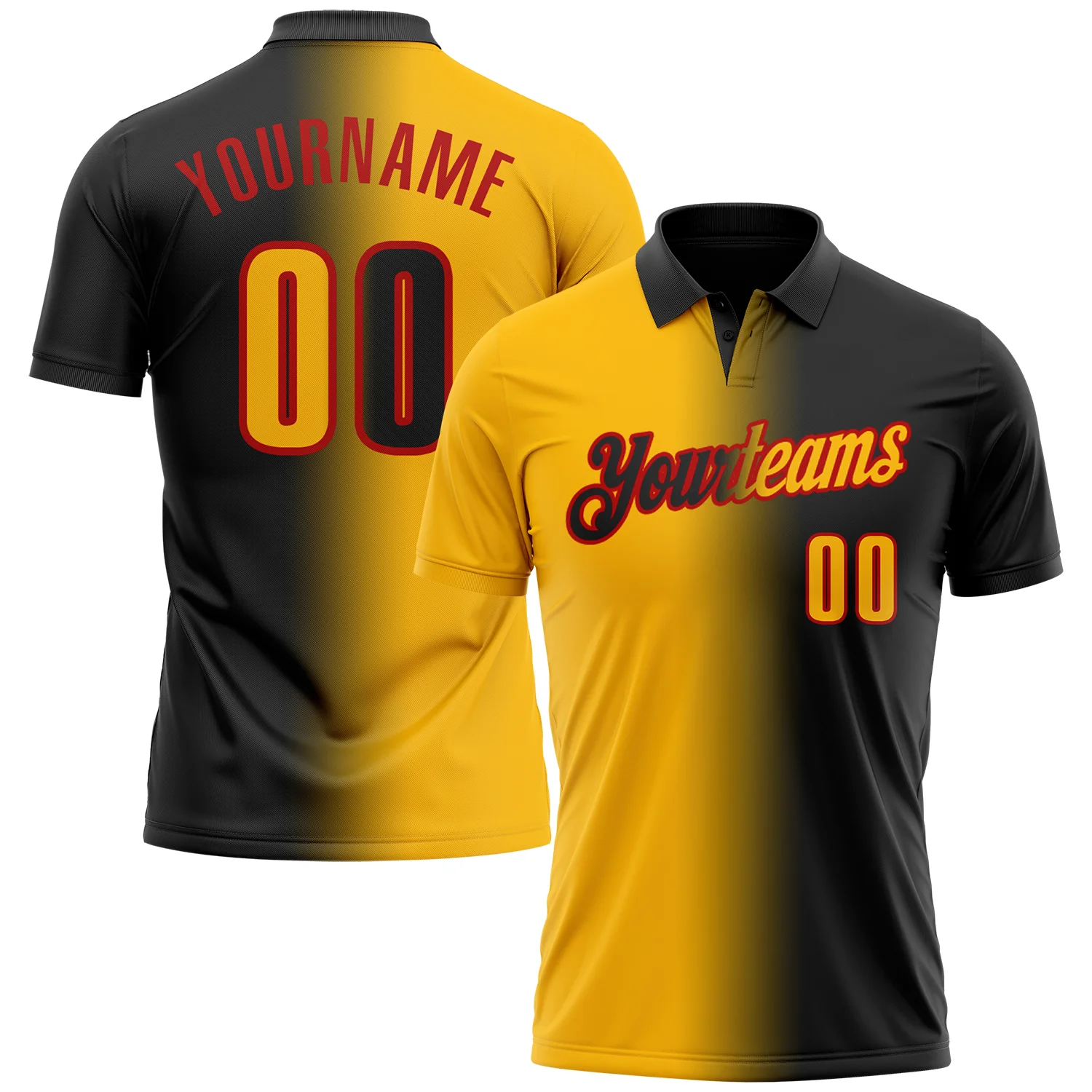 Custom Black Gold-Red 3D Gradient Fashion Performance Polo Shirt