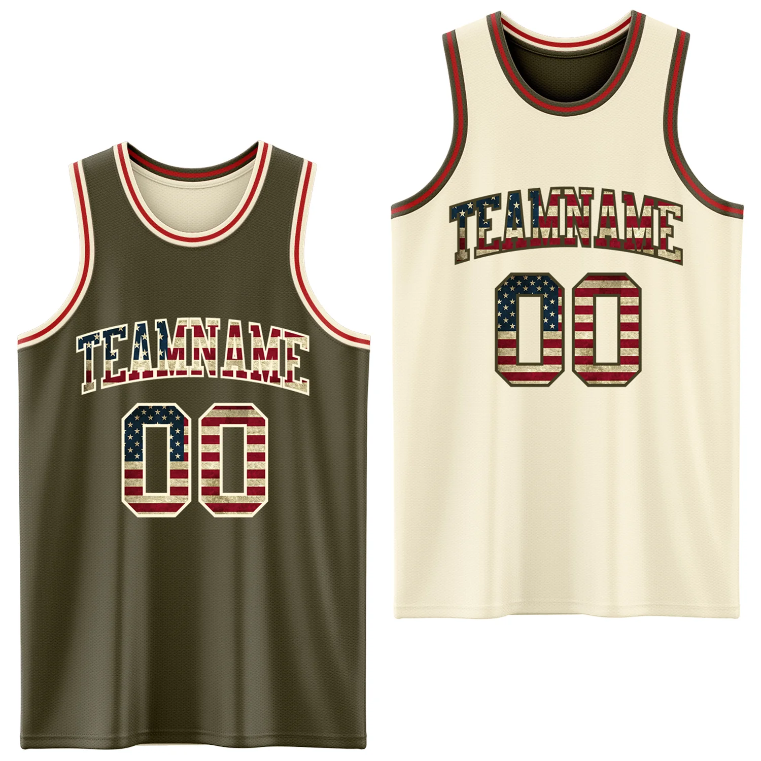 Custom Reversible Olive Vintage USA Flag Cream-Red Double Side Salute To Service Sublimation Basketball Suit Jersey