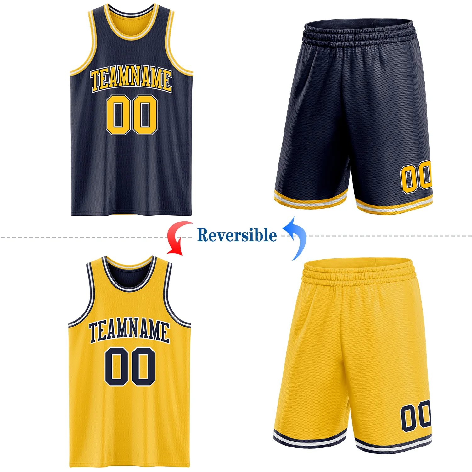 Custom Navy Gold-White Reversible Double Side Sublimation Basketball Suit Jersey