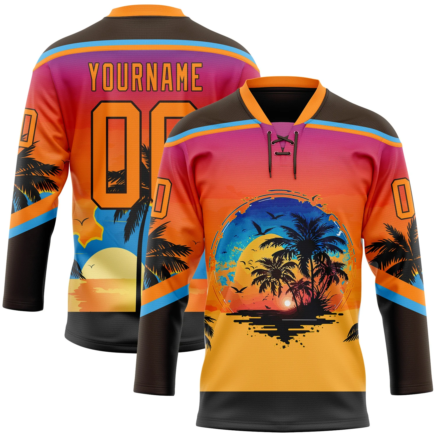 Custom Brown Bay Orange Yellow-Sky Blue 3D Pattern Gradient Hawaii Tropical Palm Trees Hockey Lace Neck Jersey