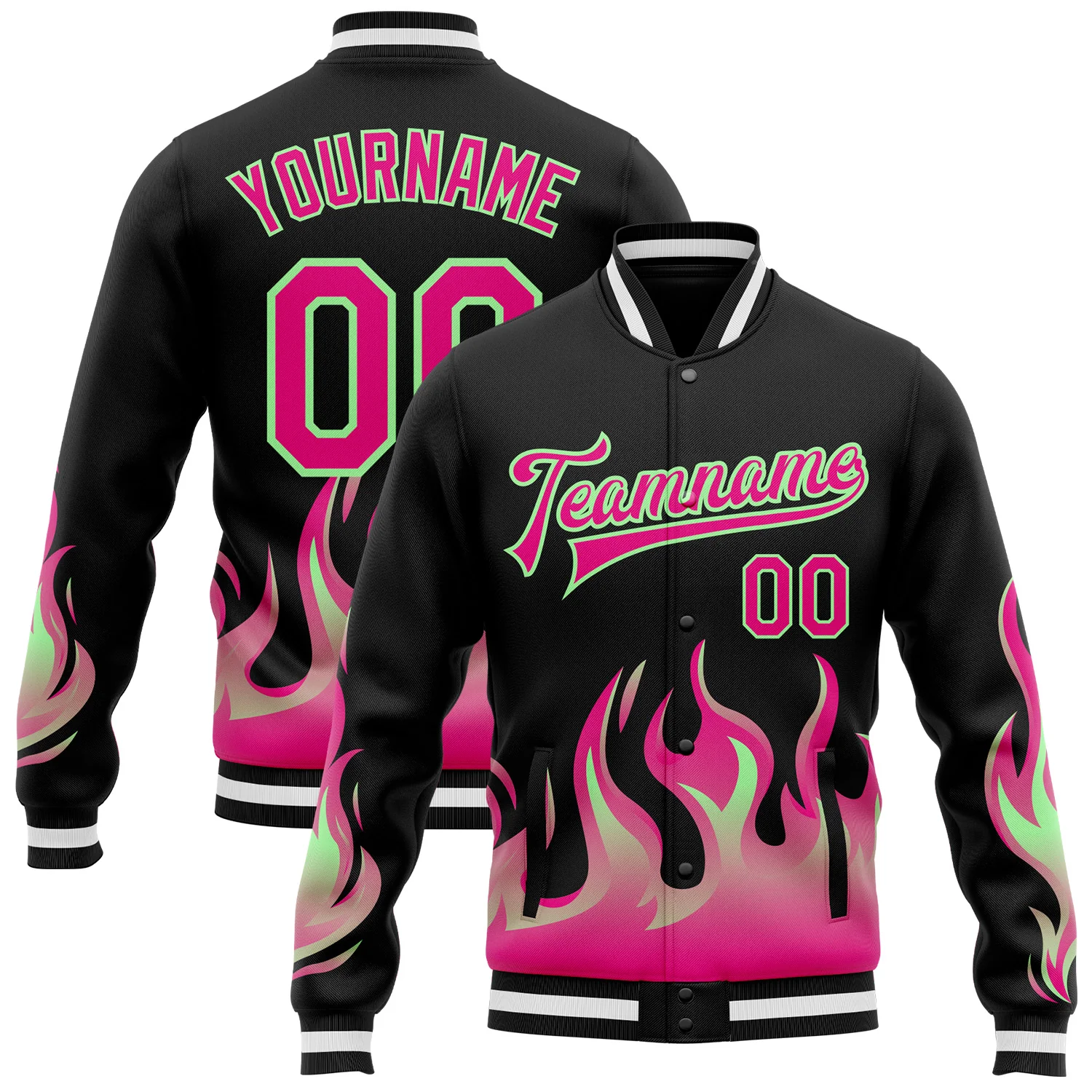 Custom Black Hot Pink Pea Green-White Flame 3D Pattern Design Bomber Full-Snap Varsity Letterman Jacket