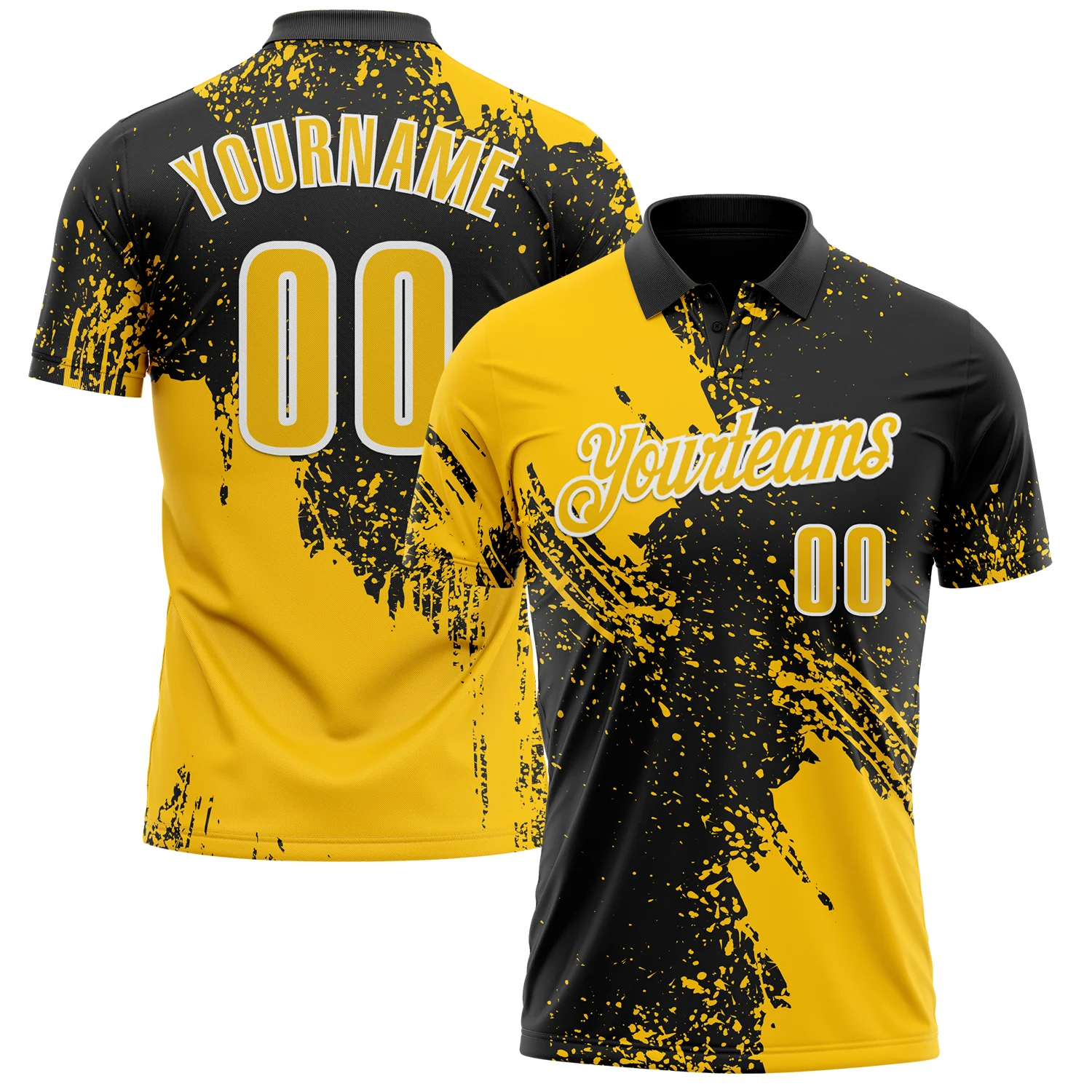 Custom Yellow Black-White 3D Pattern Design Abstract Brush Stroke Performance Polo Shirt