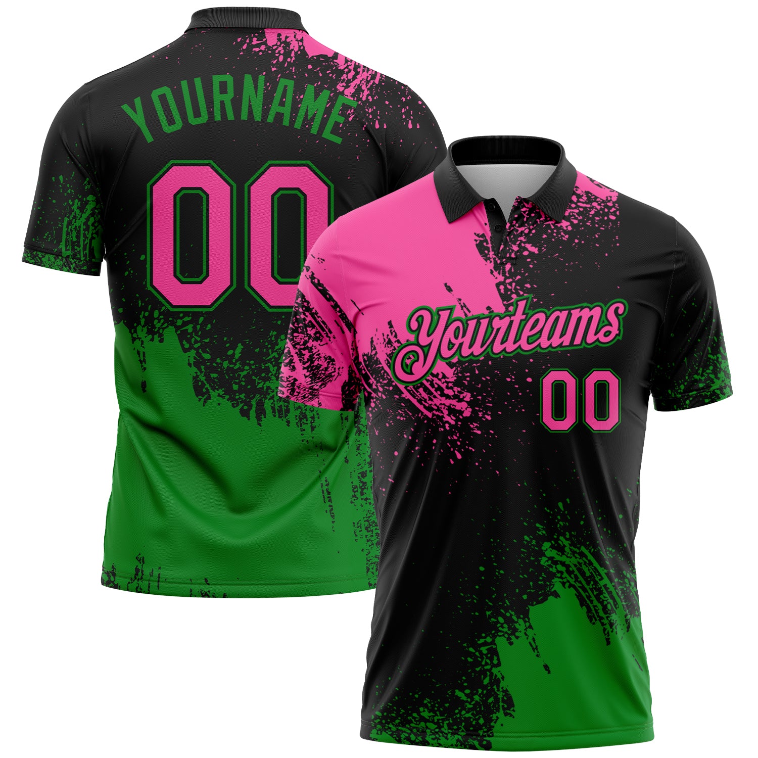 Custom Pink Black-Grass Green 3D Pattern Design Abstract Brush Stroke Performance Polo Shirt