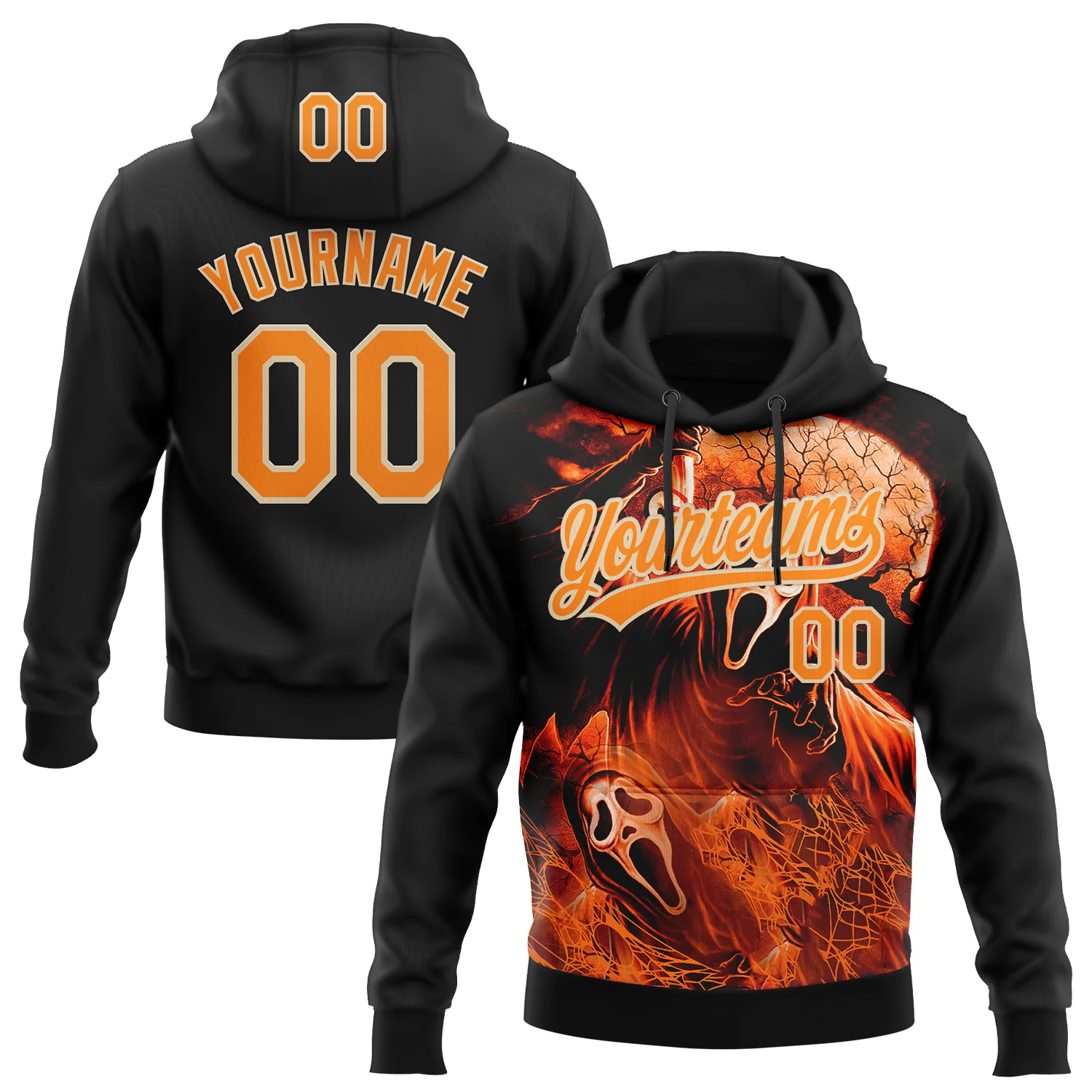 Custom Stitched Black Bay Orange-City Cream 3D Skull Pattern Pullover Sweatshirt Hoodie
