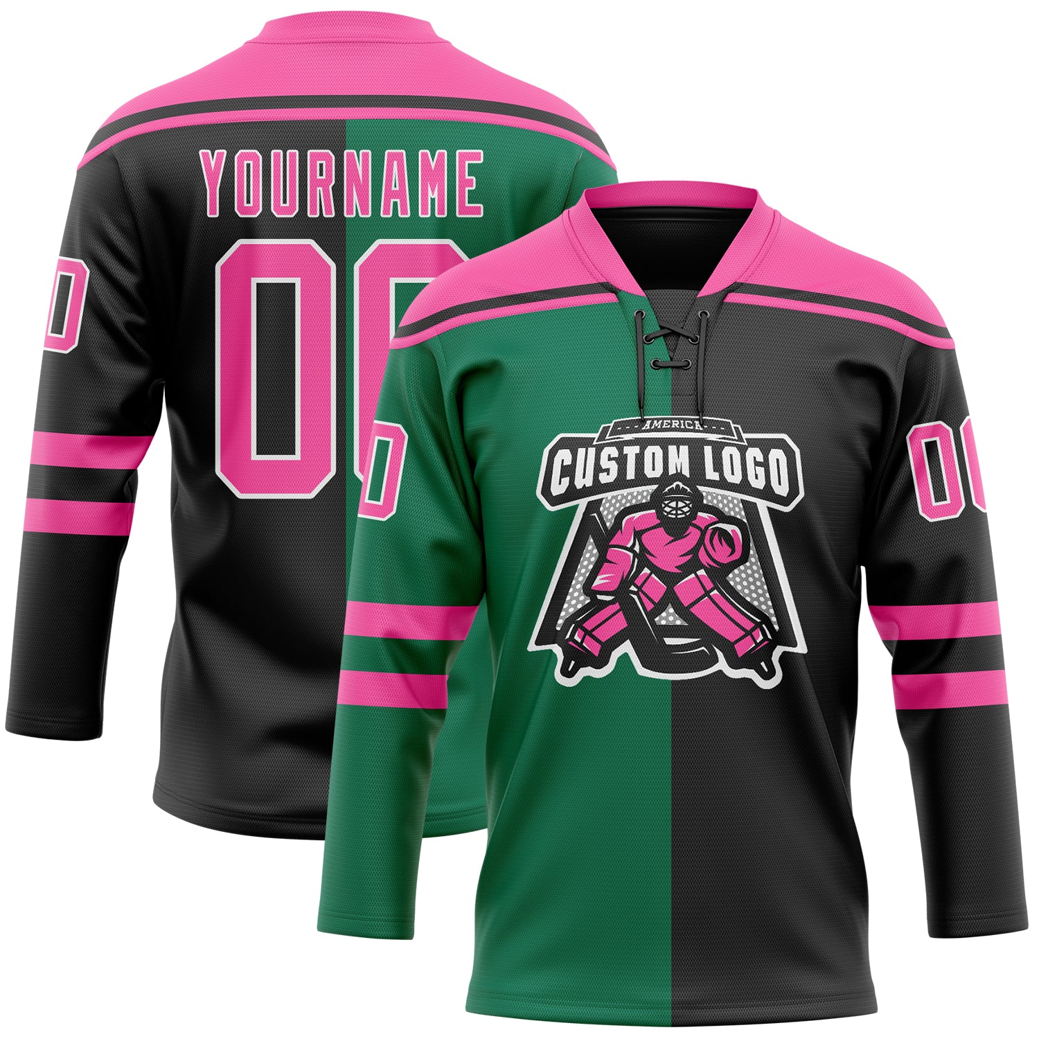 Custom Black Pink Kelly Green-White Split Fashion Hockey Lace Neck Jersey