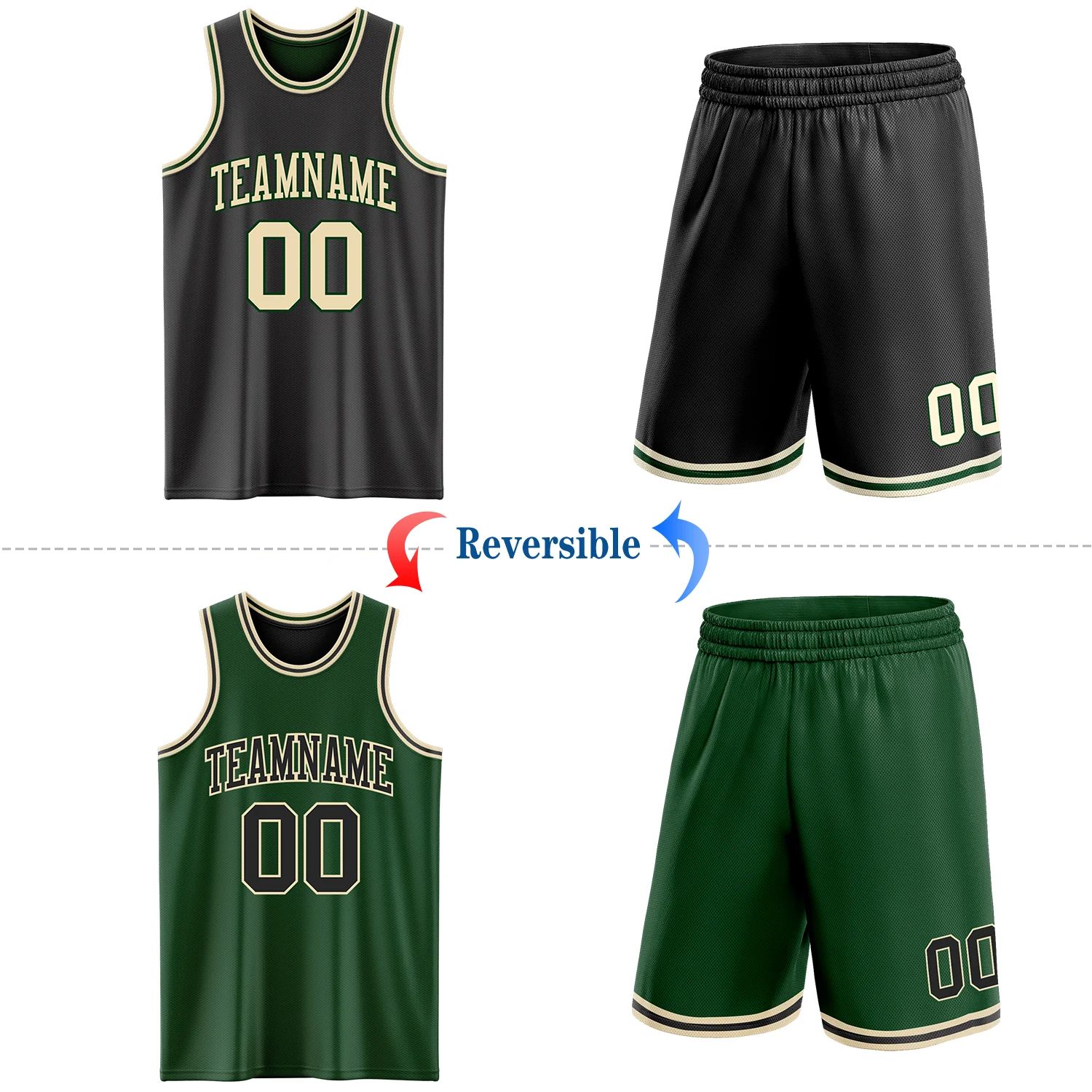 Custom Reversible Black Cream-Green Double Side Sublimation Basketball Suit Jersey