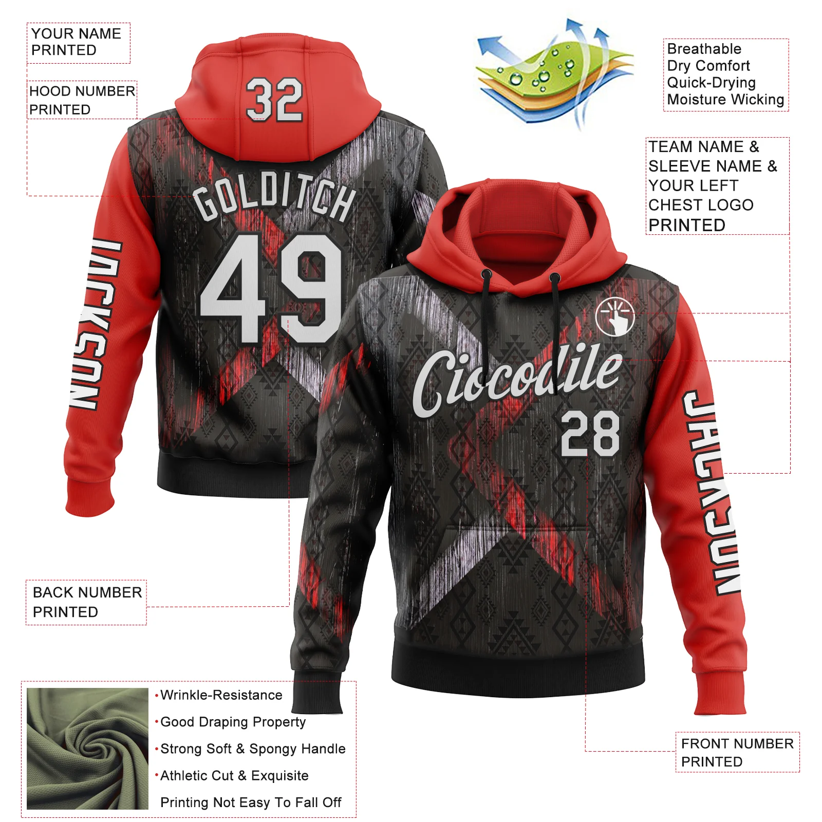Custom Black White-Red 3D Pattern Design Ethnic Tribal Sportswear Pullover Sweatshirt Hoodie