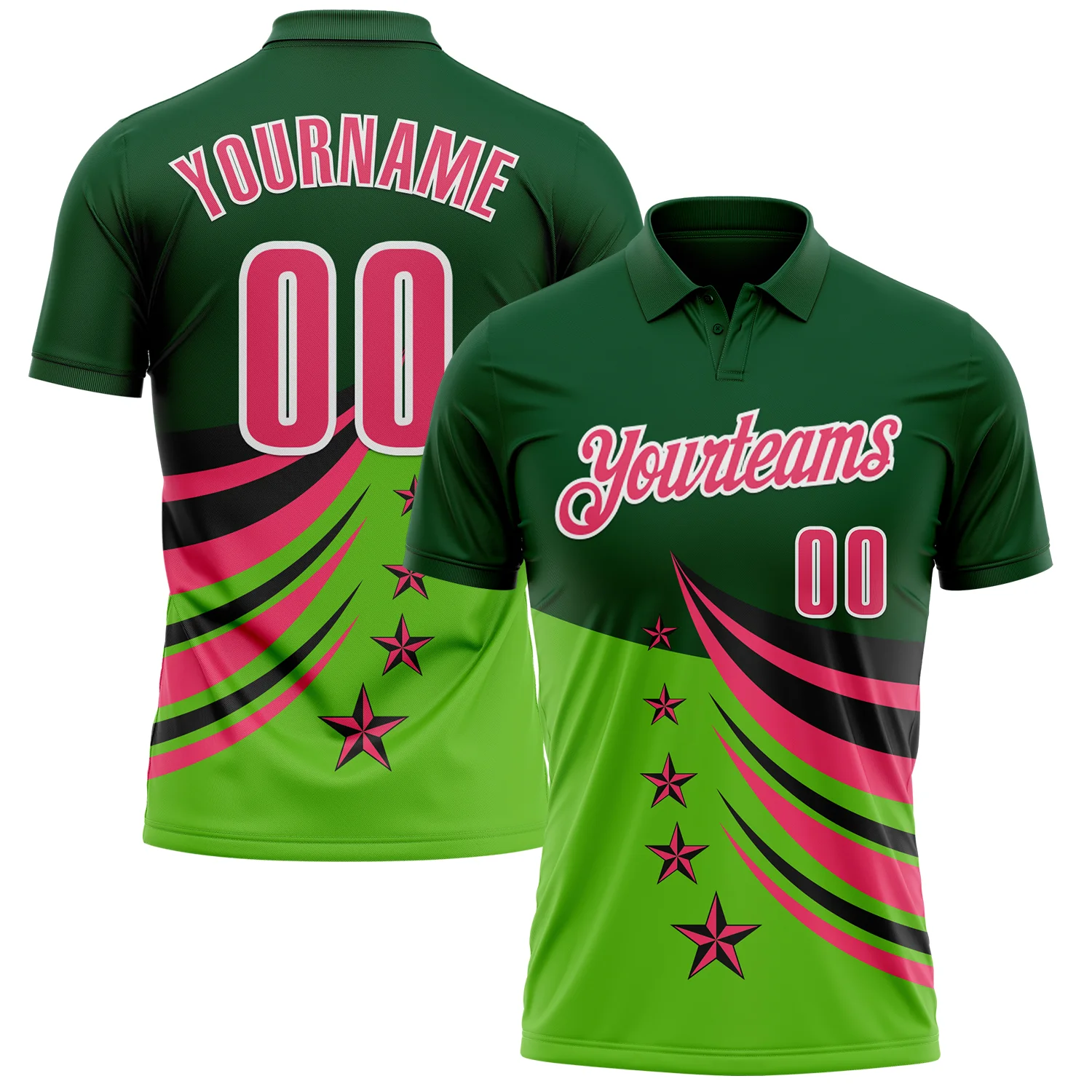 Custom Green Neon Pink Black-White 3D Pattern Design Star Performance Polo Shirt