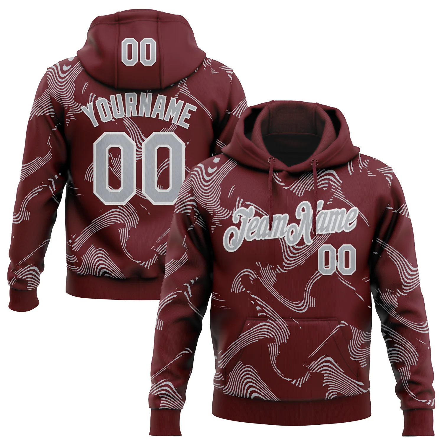 Custom Stitched Burgundy Gray-White 3D Pattern Design Curve Lines Sports Pullover Sweatshirt Hoodie