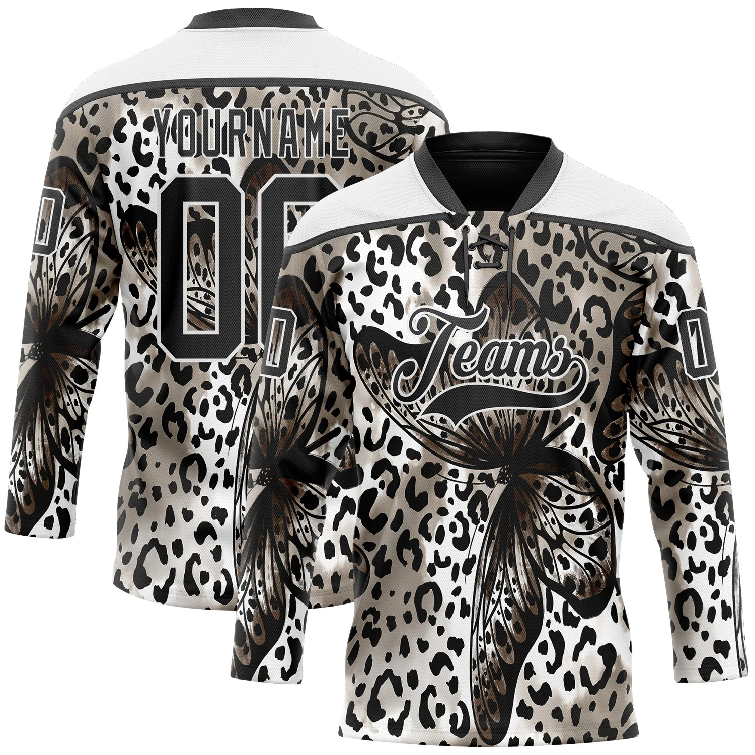 Custom White Black 3D Pattern Leopard Print Hockey Lace Neck Jersey