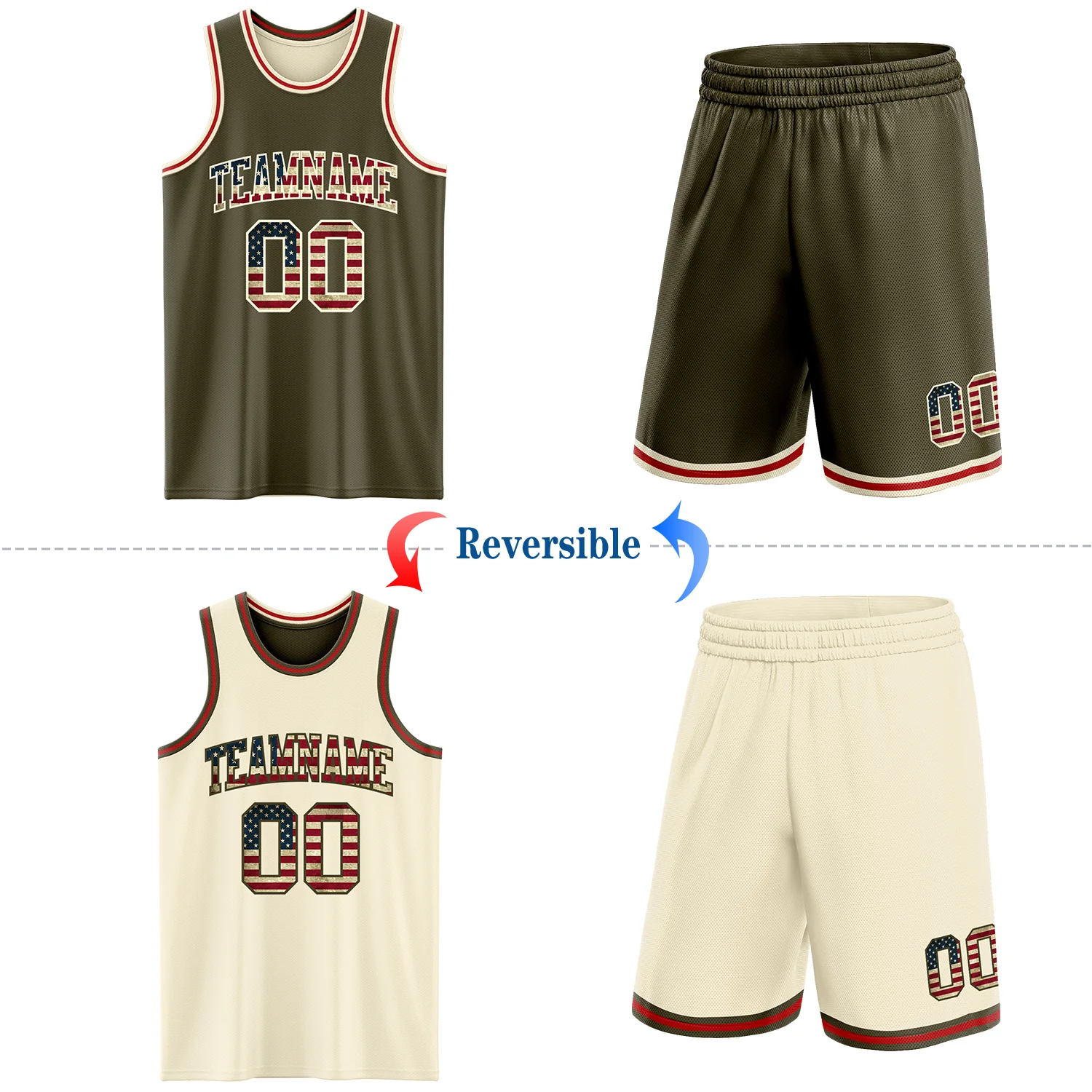 Custom Reversible Olive Vintage USA Flag Cream-Red Double Side Salute To Service Sublimation Basketball Suit Jersey