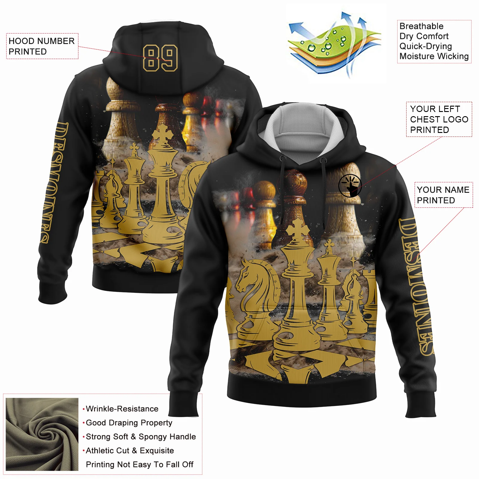 Custom Black Old Gold 3D Chess International Chess Day Sports Pullover Sweatshirt Hoodie