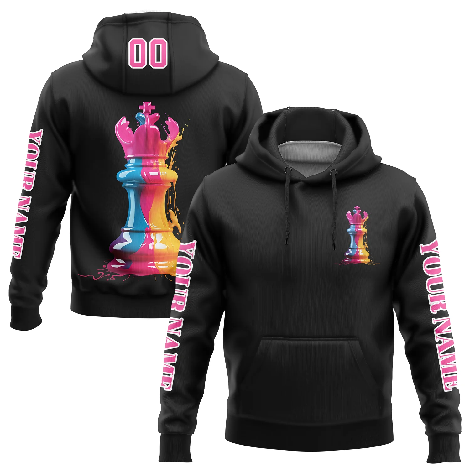 Custom Black Pink-White 3D Watercolor Chess Piece International Chess Day Sports Pullover Sweatshirt Hoodie