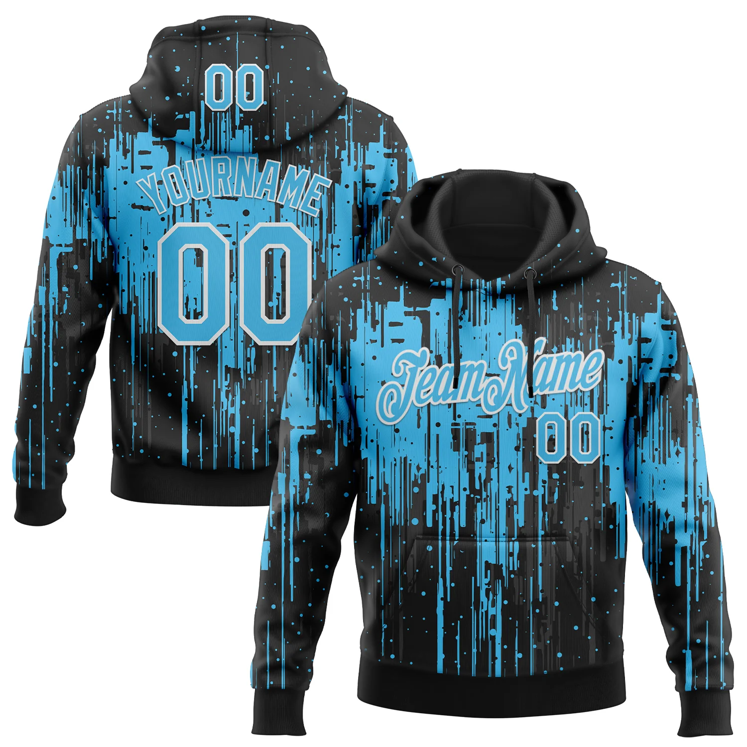 Custom Stitched Black Sky Blue-White 3D Pattern Design Dripping Splatter Sports Pullover Sweatshirt Hoodie