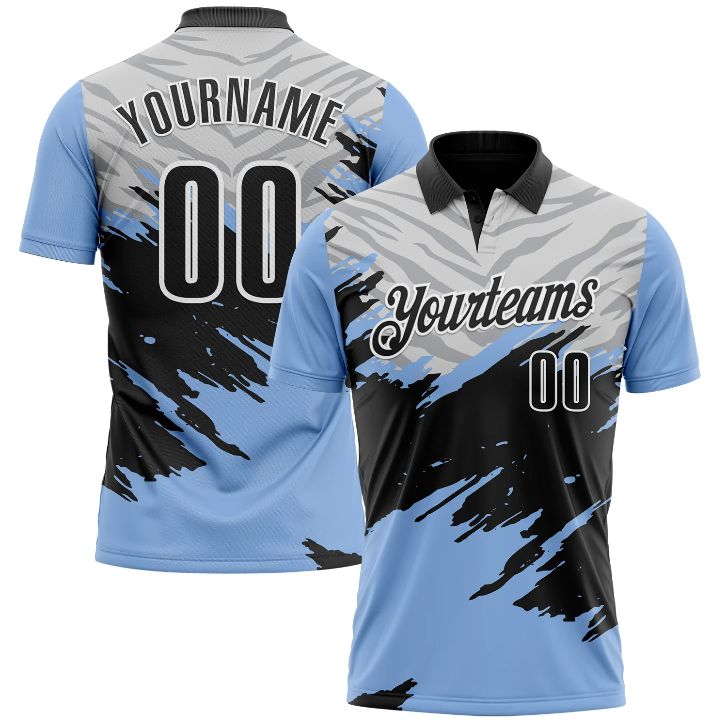 Custom Light Blue Black Gray-White 3D Pattern Design Splash Performance Polo Shirt