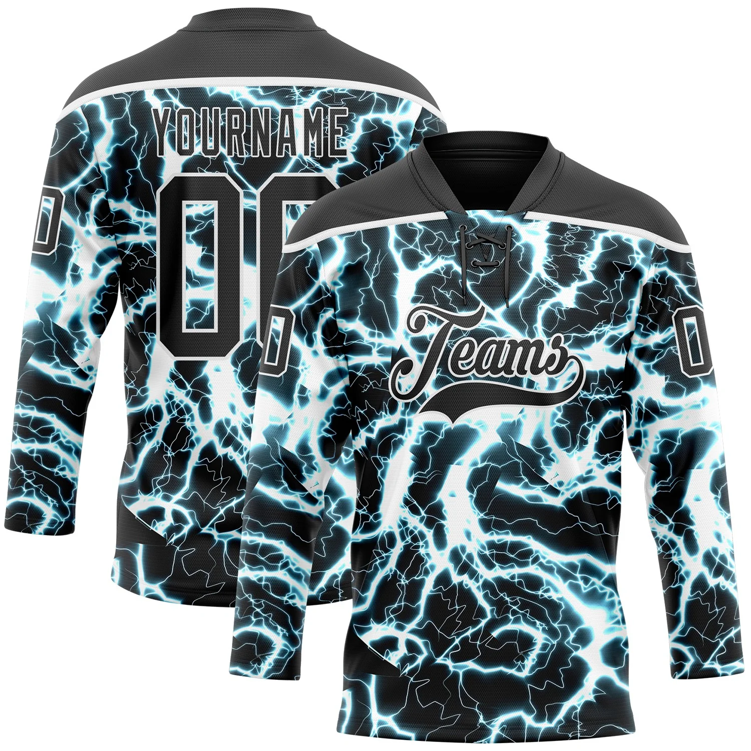 Custom Black Blue-White 3D Pattern Lightning Hockey Lace Neck Jersey