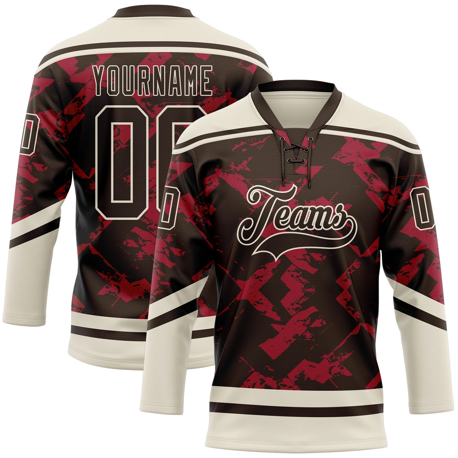 Custom Brown Red-Cream 3D Pattern Tribal Indigenous Grunge Splash Hockey Lace Neck Jersey