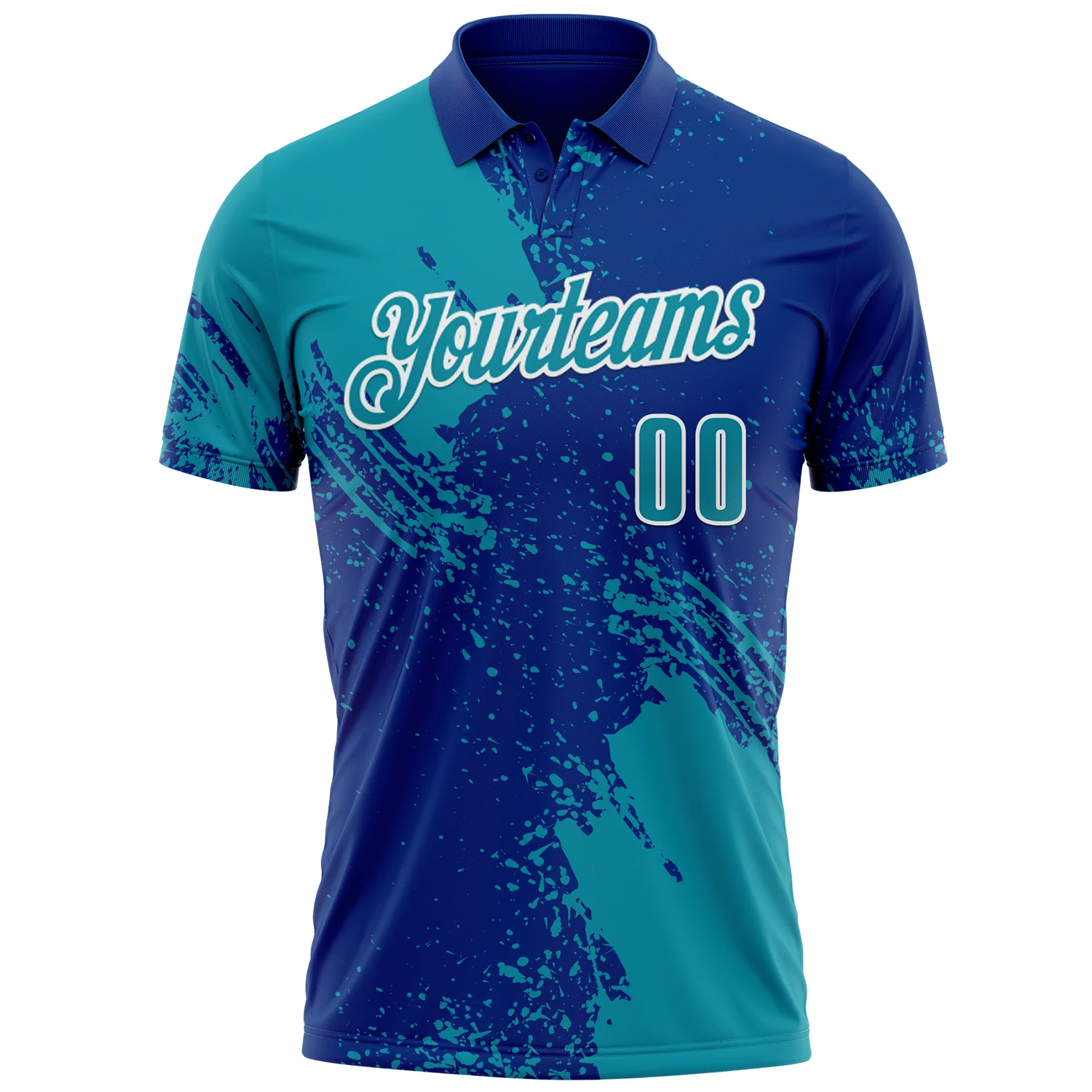 Custom Teal Royal-White 3D Pattern Design Abstract Brush Stroke Performance Polo Shirt