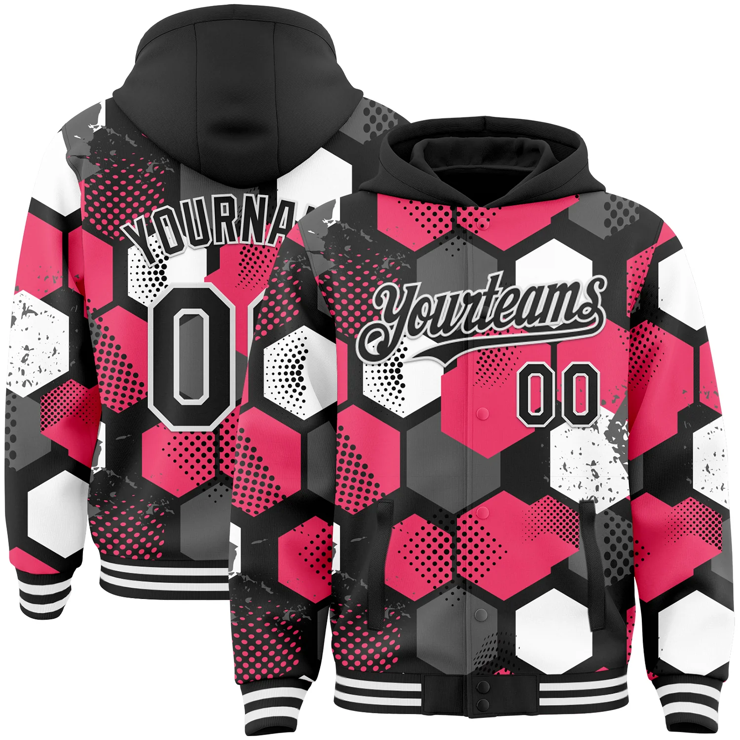 Custom Black Neon Pink-White Geometric Shape 3D Pattern Design Bomber Full-Snap Varsity Letterman Hoodie Jacket