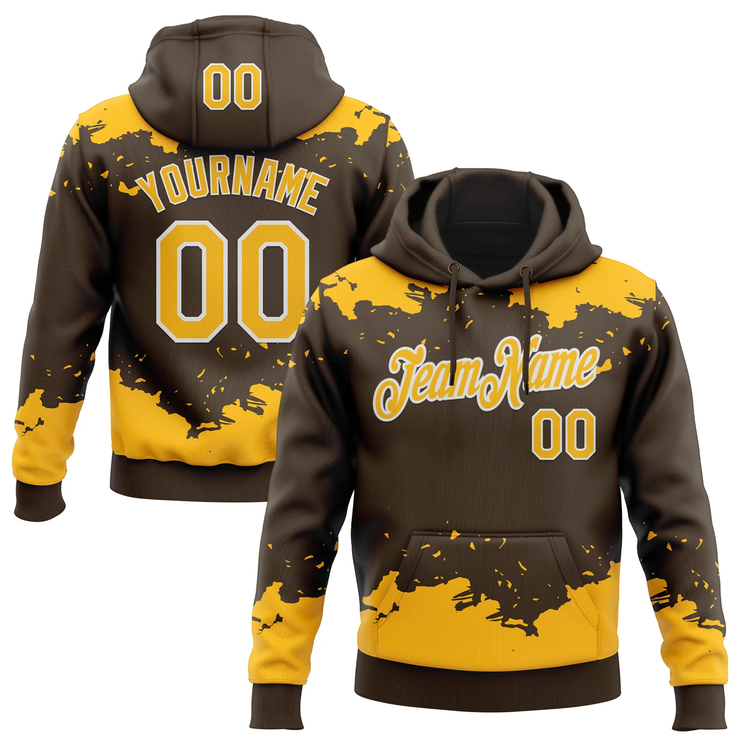 Custom Stitched Brown Gold-White 3D Pattern Design Fragment Sports Pullover Sweatshirt Hoodie