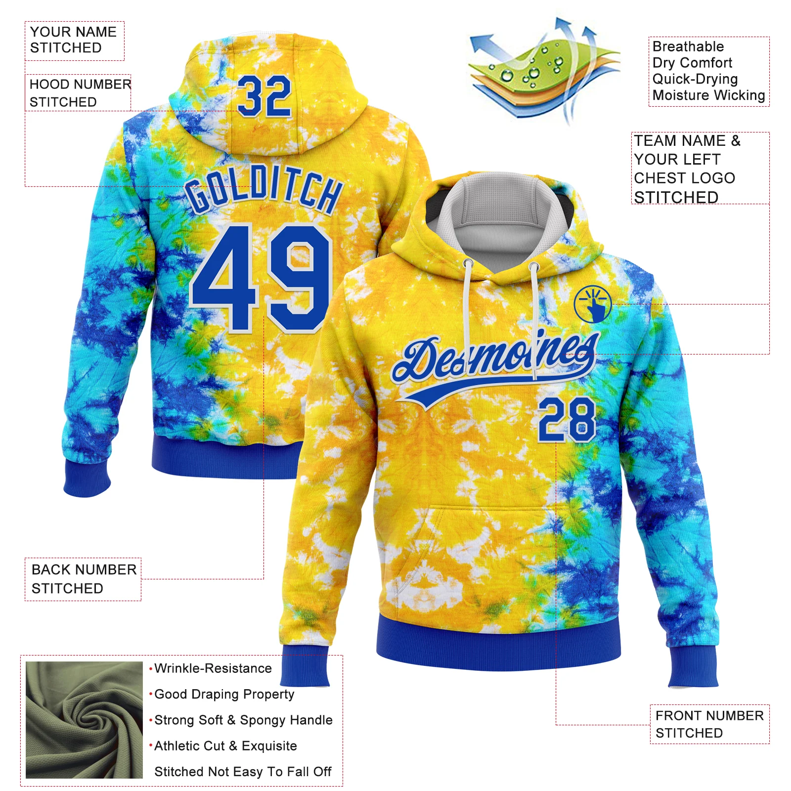 Custom Stitched Tie Dye Thunder Blue-White 3D Sports Pullover Sweatshirt Hoodie