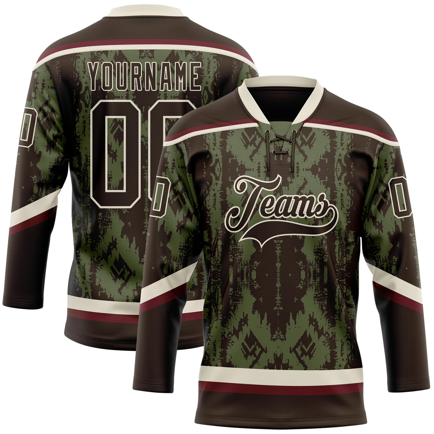 Custom Olive Brown Cream-Burgundy 3D Pattern Tribal Indigenous Grunge Splash Hockey Lace Neck Jersey