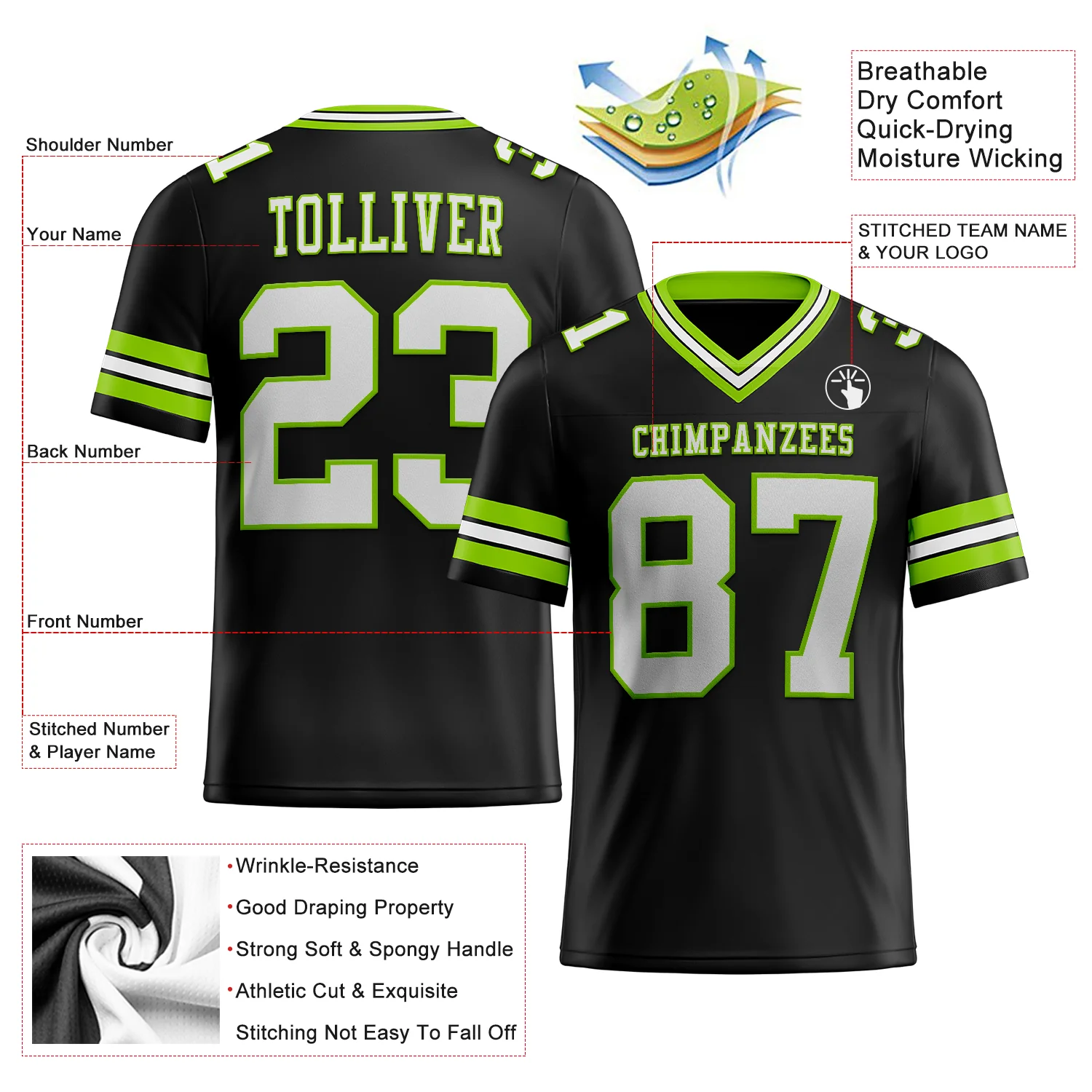 Custom Black White-Neon Green Authentic Football Jersey
