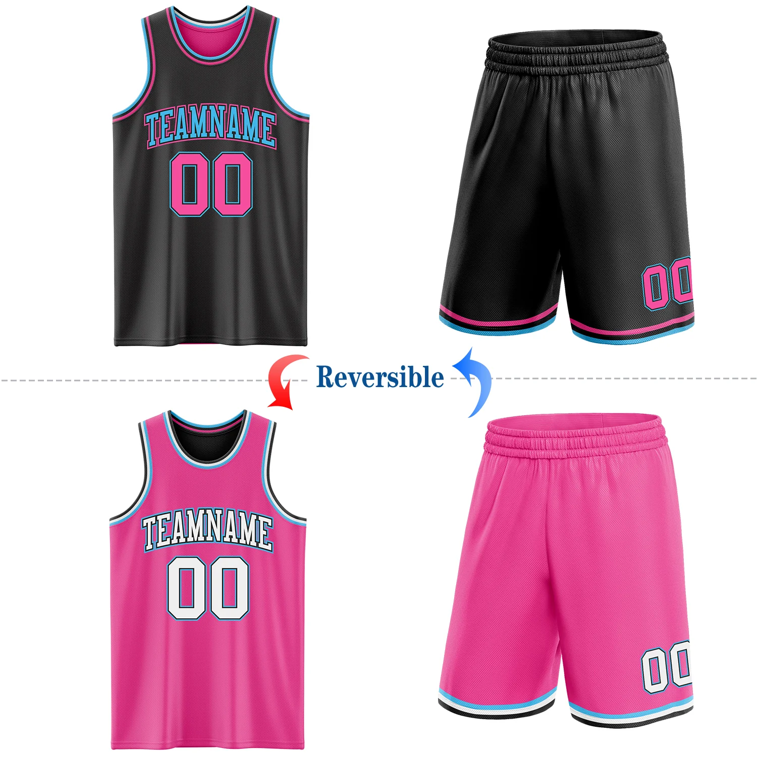 Custom Reversible Black Pink-Sky Blue Double Side Sublimation Basketball Suit Jersey