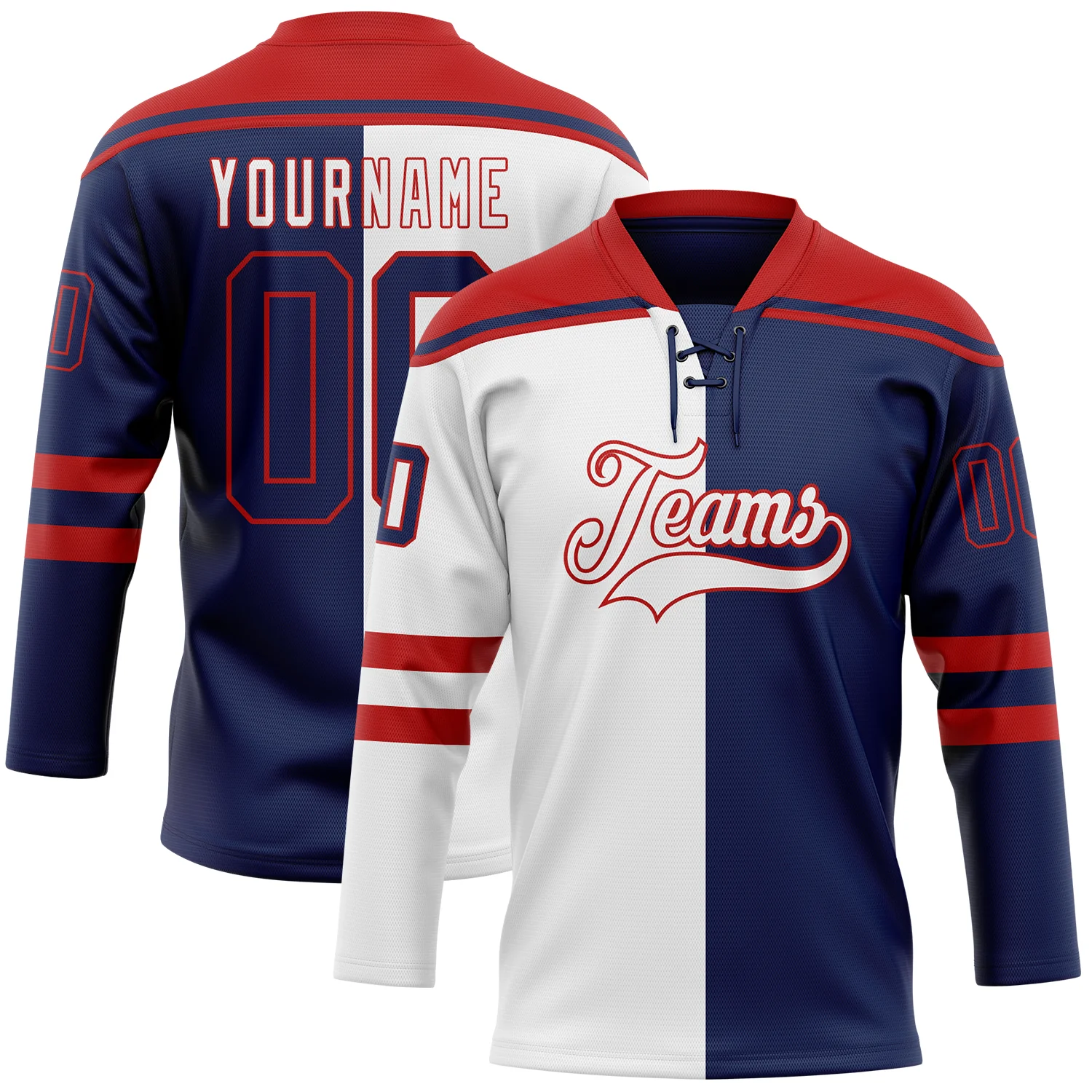 Custom Navy Red-White Split Fashion Hockey Lace Neck Jersey