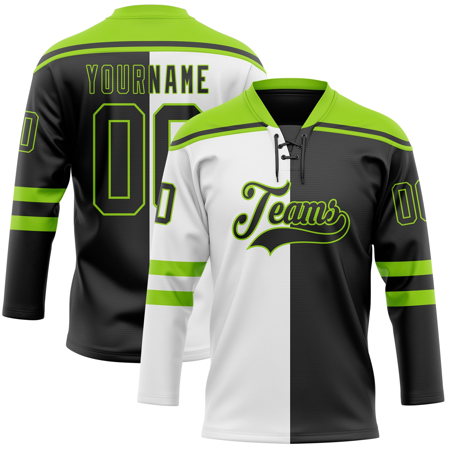 Custom Black Neon Green-White Split Fashion Hockey Lace Neck Jersey