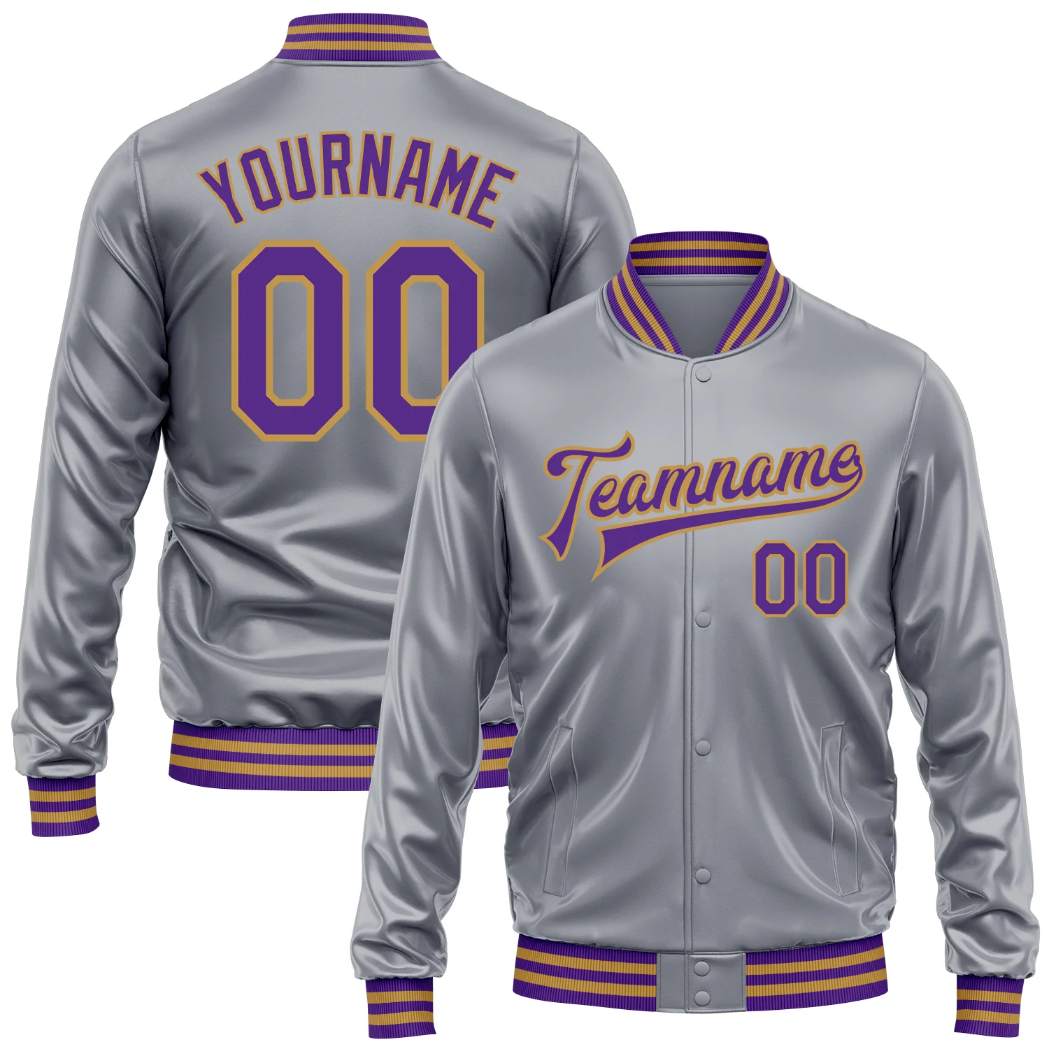 Custom Gray Purple-Old Gold Bomber Full-Snap Varsity Faux Leather Letterman Jacket