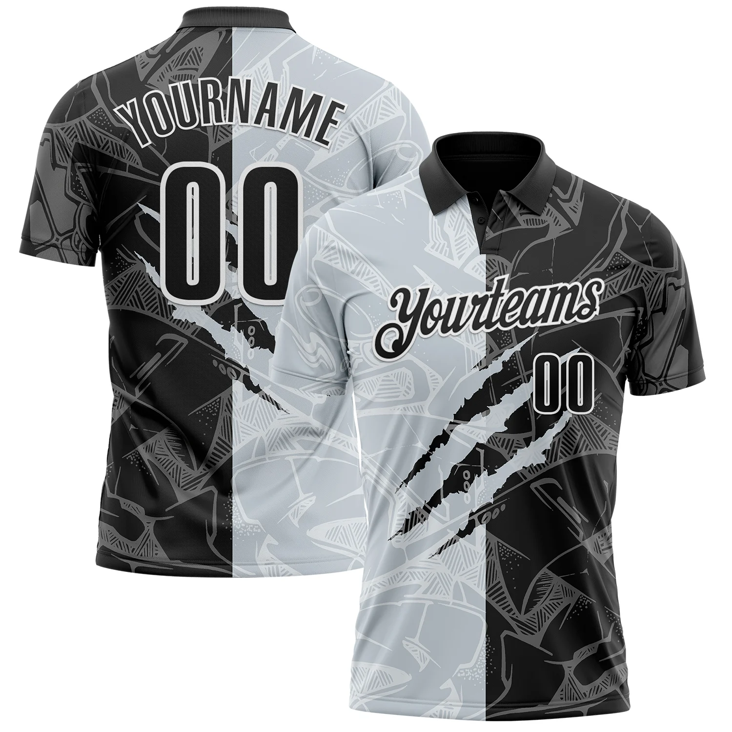 Custom Graffiti Pattern Black Silver-White 3D Scratch Performance Polo Shirt