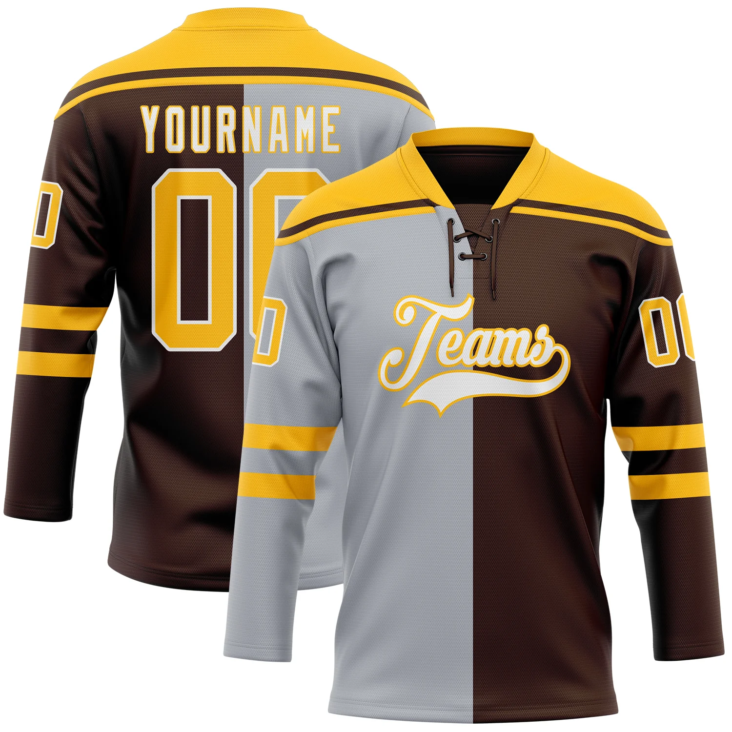 Custom Brown Gold Gray-White Split Fashion Hockey Lace Neck Jersey